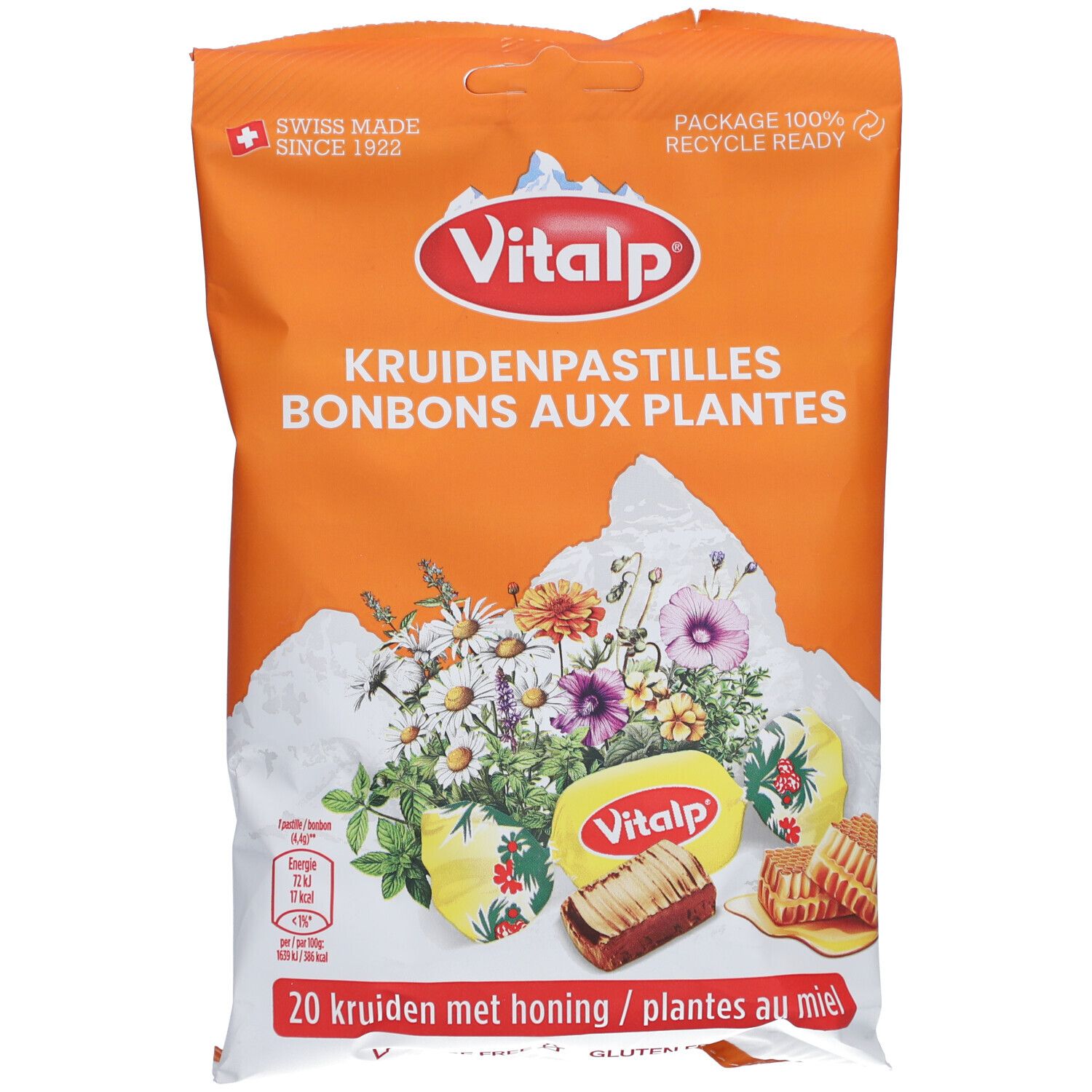 Zakje VITALP bonbons. Oranje zakje met productafbeelding en tekst. "Swiss Made". 