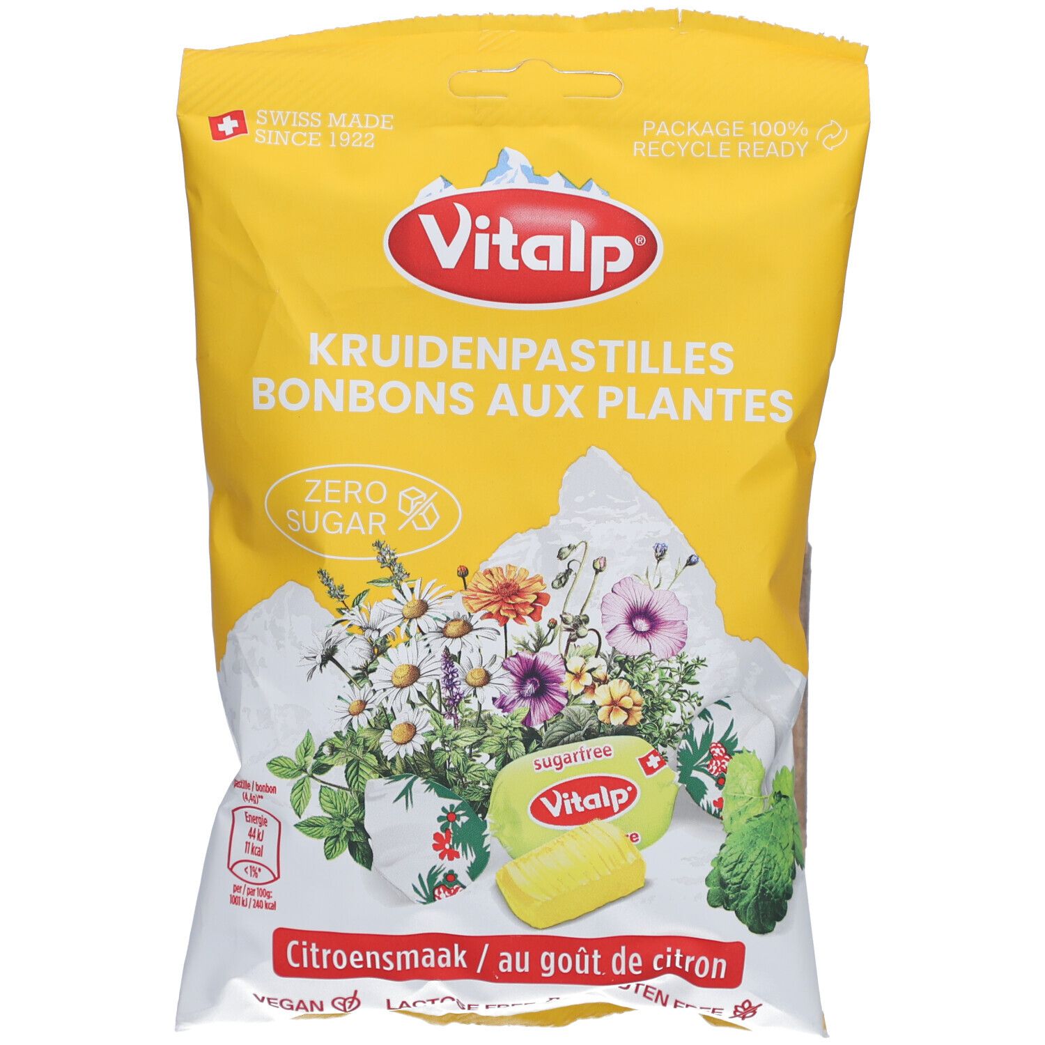 Gele zak VITALP met opschrift "Kruidenpastilles Bonbons aux Plantes". Illustratie van kruiden en bloemen.