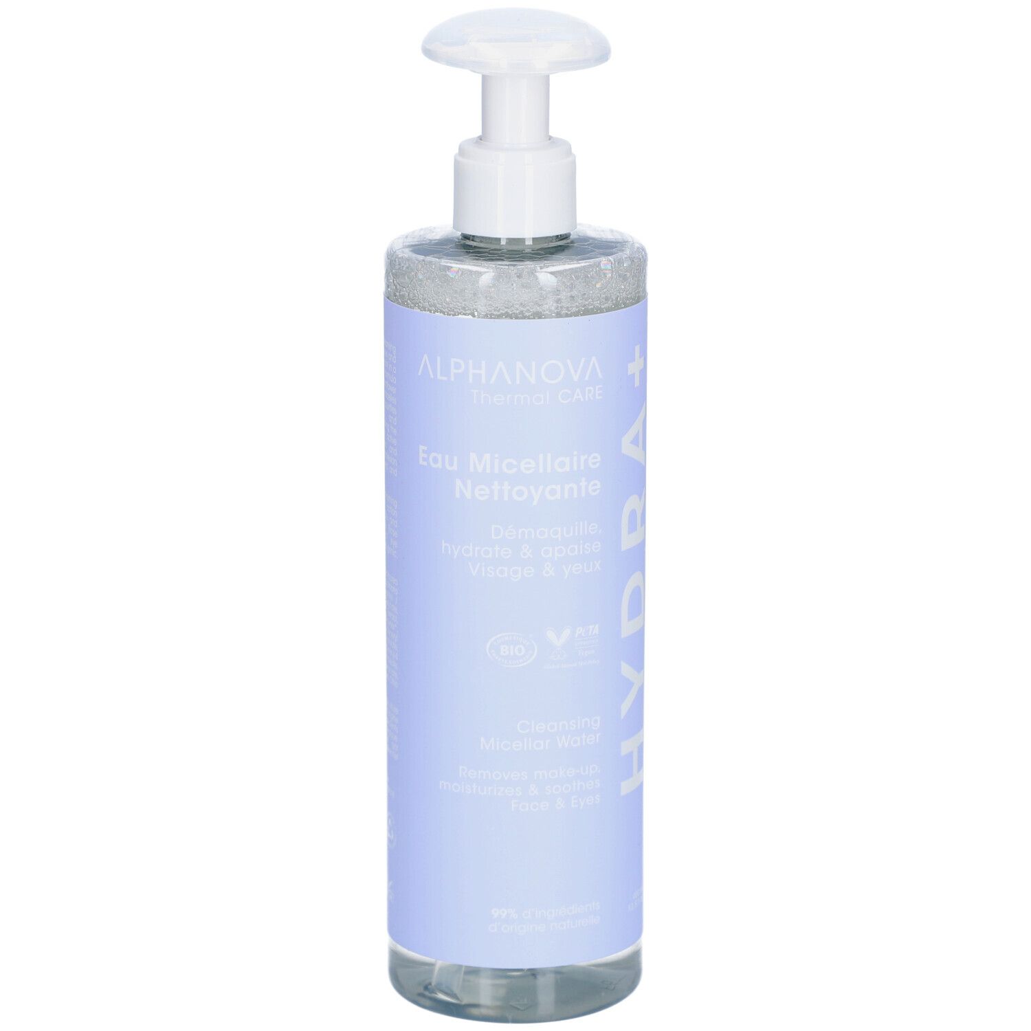 ALPHANOVA Eau Micellaire Nettoyante. Flacon avec pompe. Étiquette bleue avec informations produit et logo.