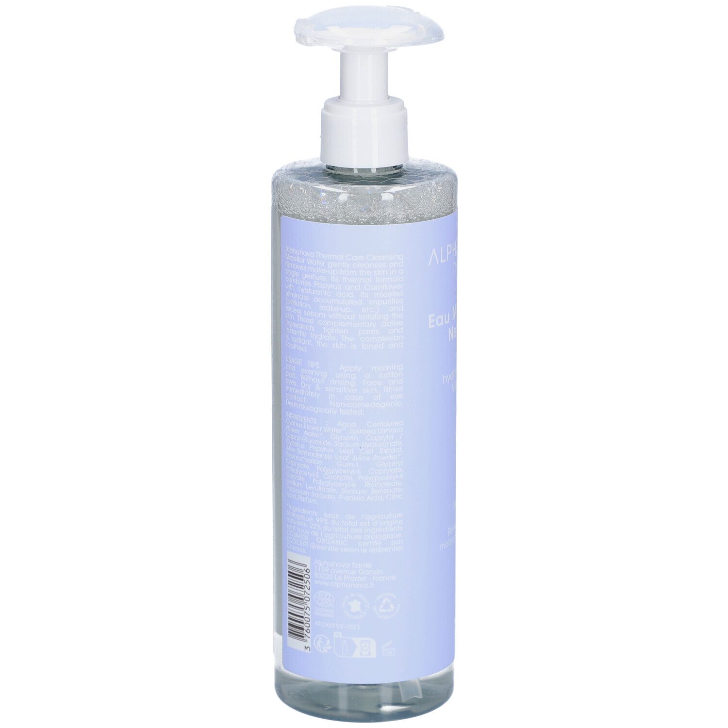 ALPHANOVA Eau Micellaire Nettoyante. Dos du flacon. Texte sur étiquette bleue. Code-barres.