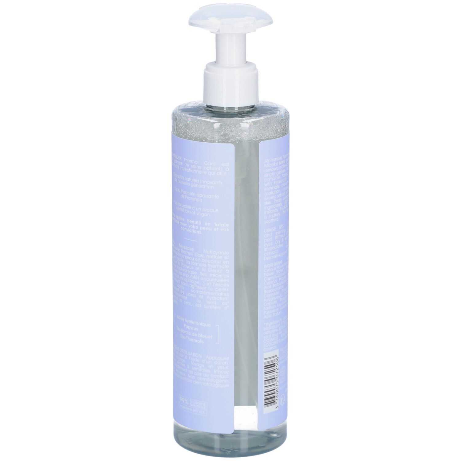 ALPHANOVA Eau Micellaire Nettoyante. Vue arrière du flacon. Liquide transparent. Étiquette bleue.