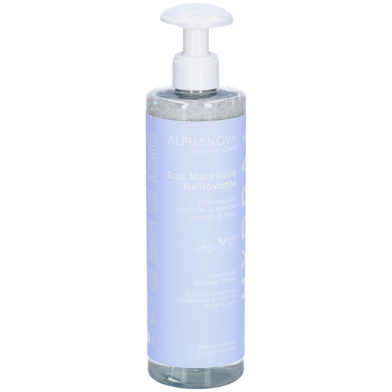 ALPHANOVA Eau Micellaire Nettoyante. Flacon avec pompe. Étiquette bleue avec informations produit.