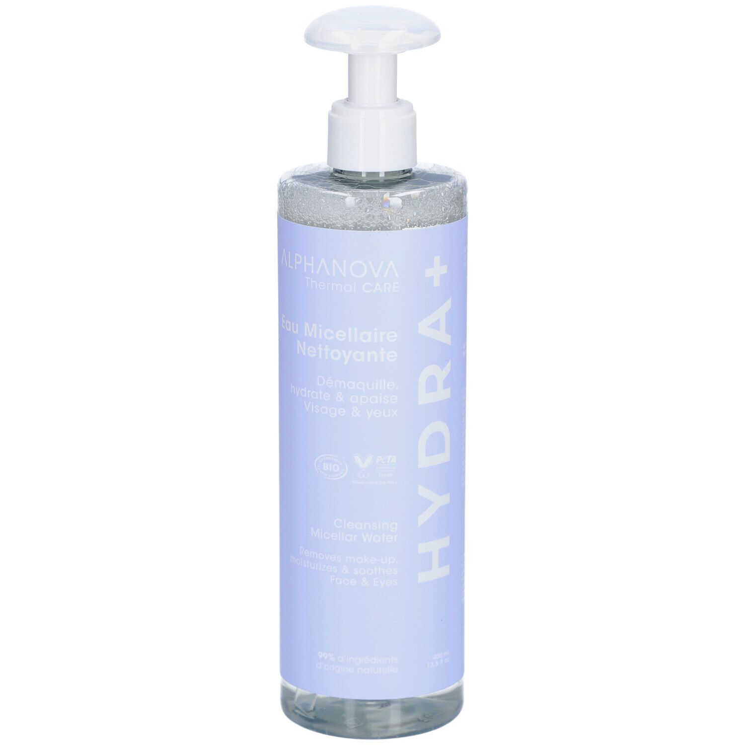 ALPHANOVA Eau Micellaire Nettoyante. Flacon avec pompe. Étiquette bleue avec nom et logo.