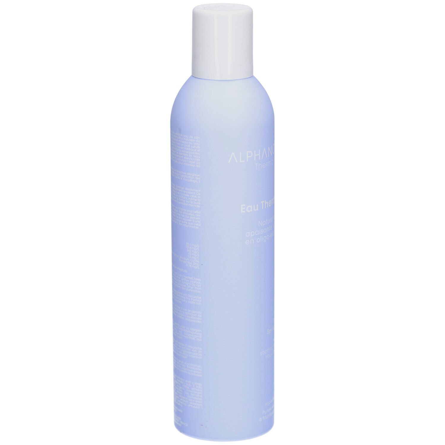 Hellblaue Flasche mit weißem Deckel. Text auf der Rückseite. Produktname nicht sichtbar.