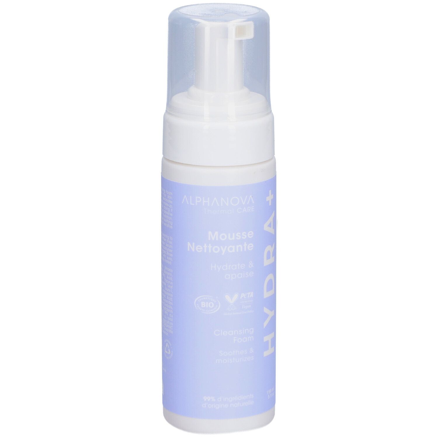 Flacon blanc et violet avec pompe. Inscriptions: ALPHANOVA, Mousse Nettoyante, Hydra+. Certification bio.