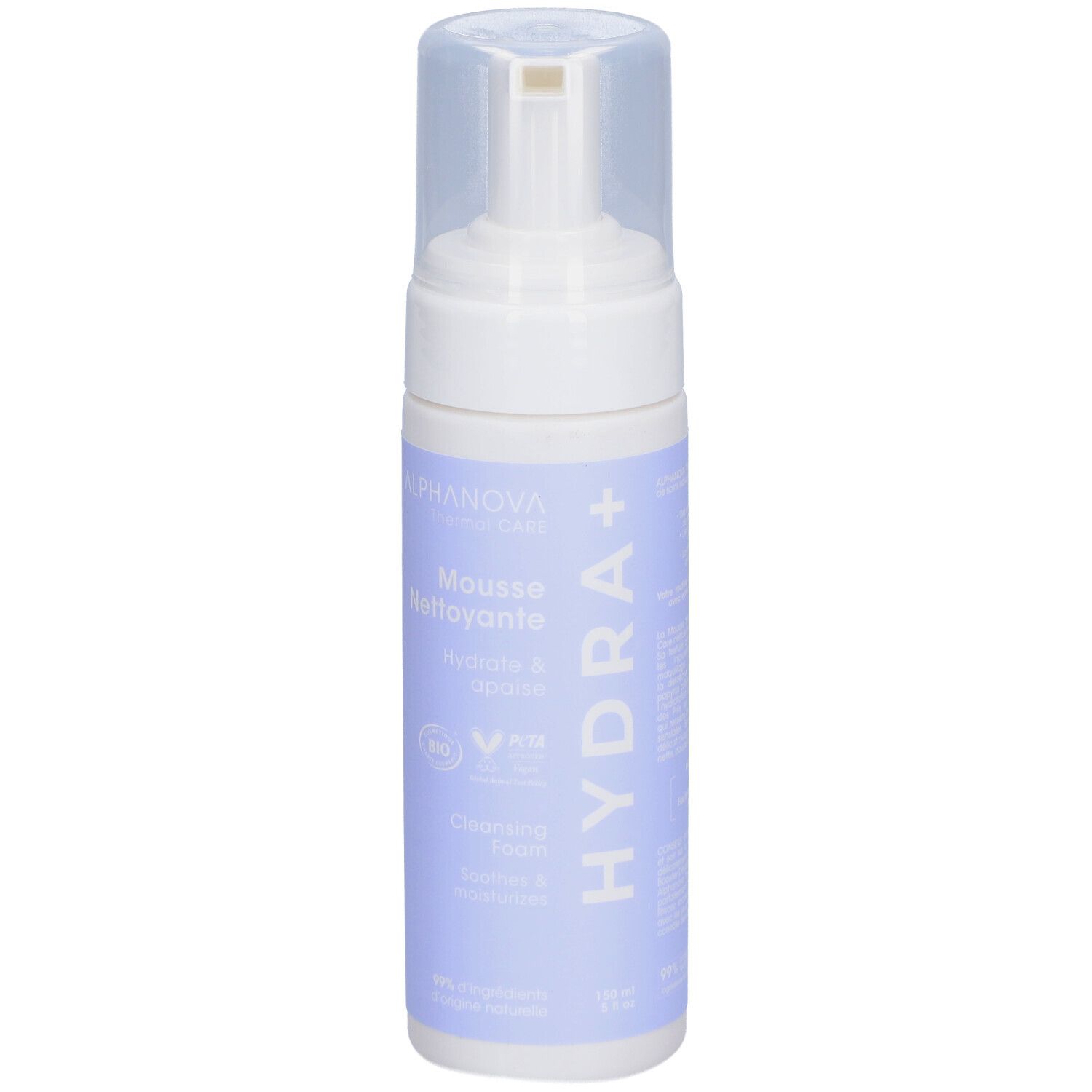Flacon blanc et violet avec pompe. Inscriptions: ALPHANOVA, Mousse Nettoyante, Hydra+. Certification bio.