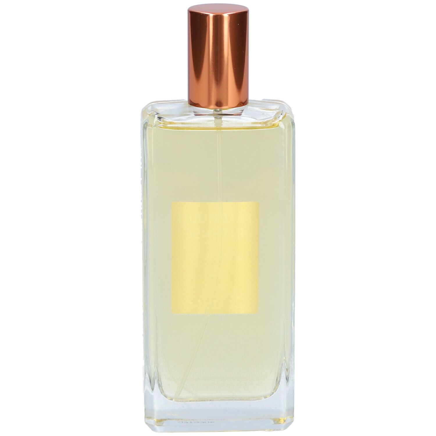 Rechteckige Glasflasche mit kupferfarbenem Verschluss. Aufkleber mit gelbem Hintergrund.