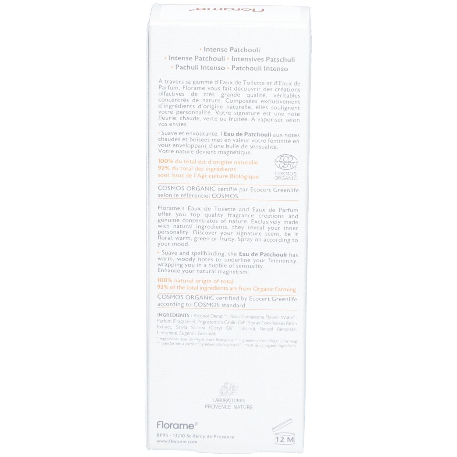 Weiße Verpackung mit Text. Produktbeschreibung, Inhaltsstoffe, Zertifizierung.