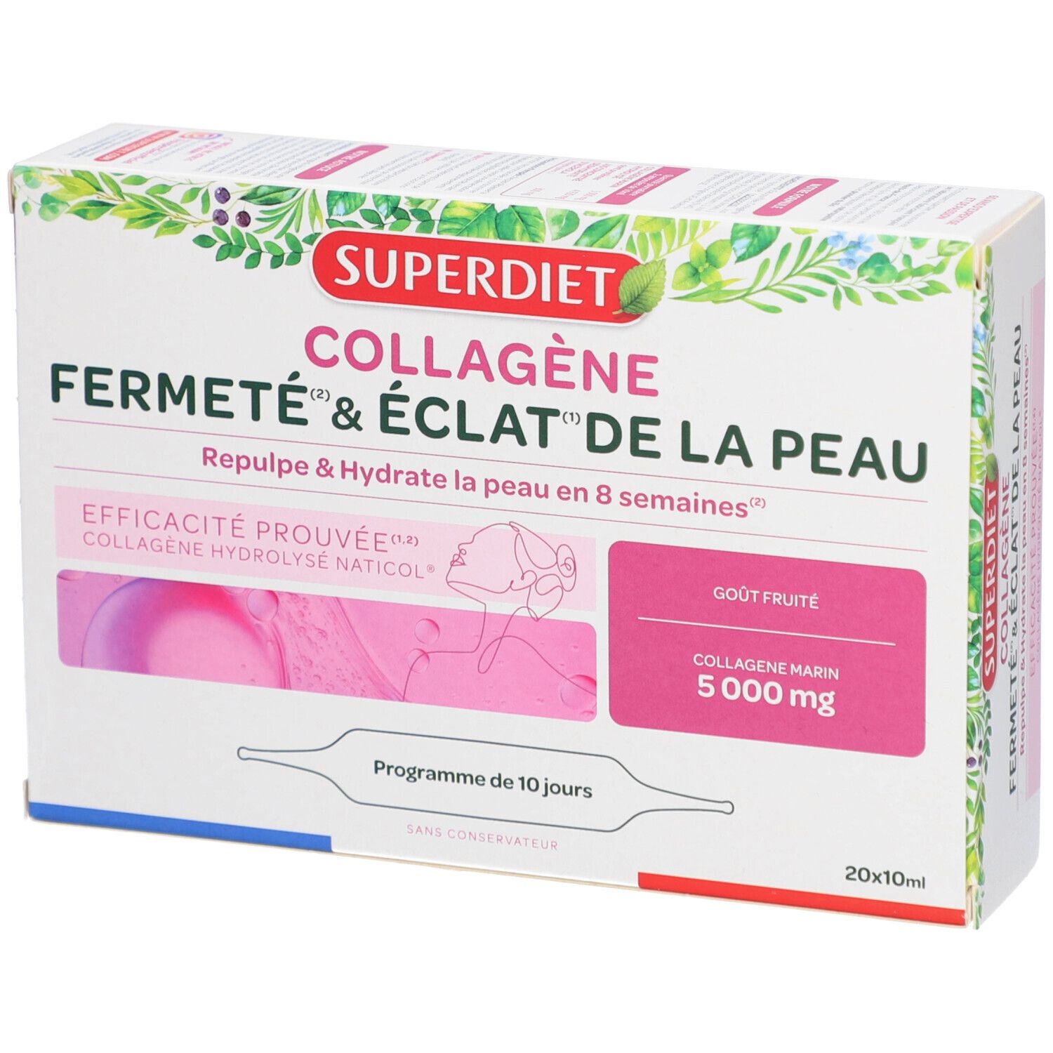 Boîte Superdiet Collagène. Inscription: Fermeté & éclat de la peau, goût fruité, 5000 mg, 20x10ml. Illustration d'un visage.