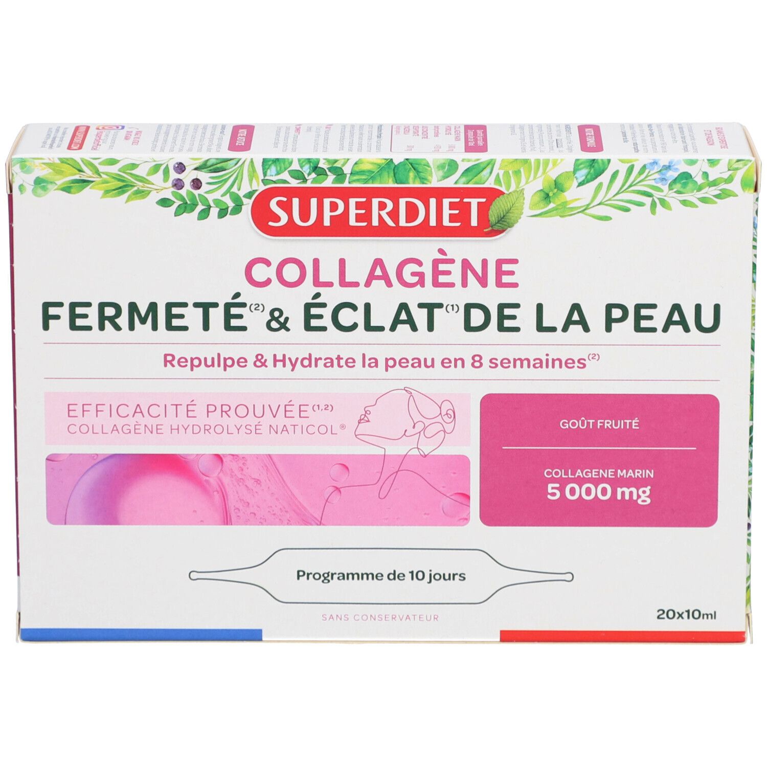 Boîte Superdiet, vue de face. Inscription: Fermeté & éclat de la peau, goût fruité, 5000 mg, 20x10ml. Illustration visage.