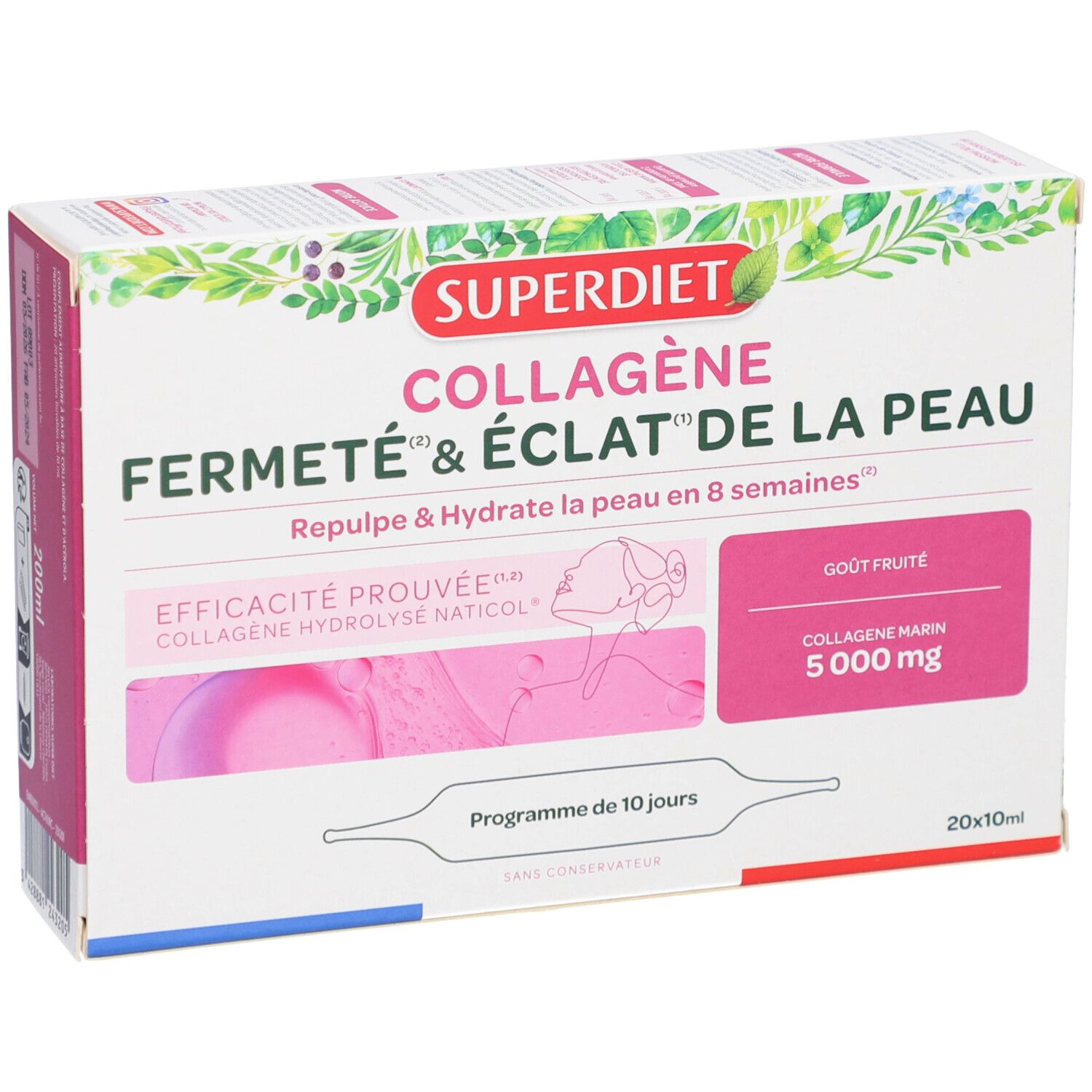 Boîte Superdiet, vue de face. Inscription: Fermeté & éclat de la peau, goût fruité, 5000 mg, 20x10ml. Illustration visage.
