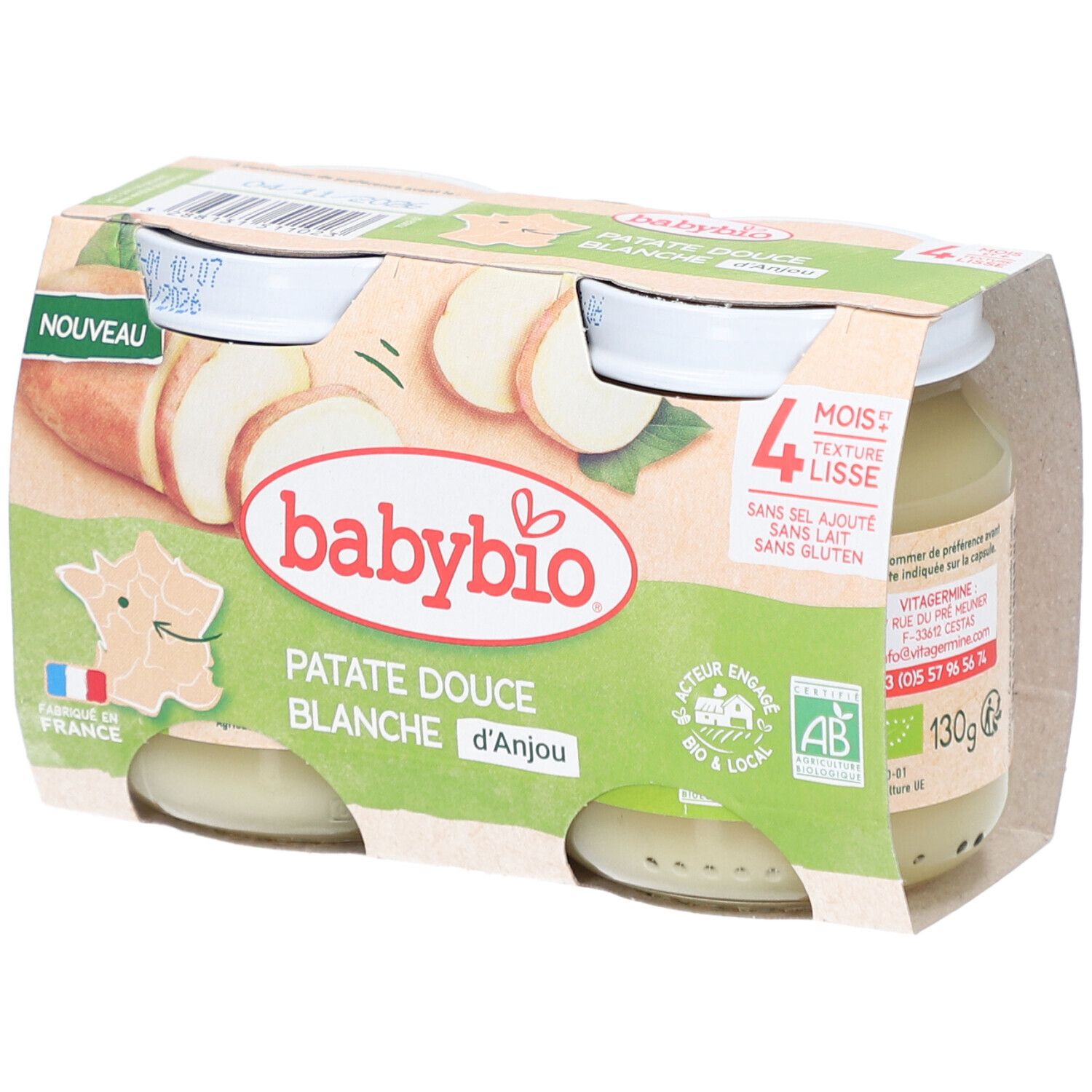 Pack de quatre pots Babybio Patate Douce Blanche. Labels bio et drapeau français visibles.
