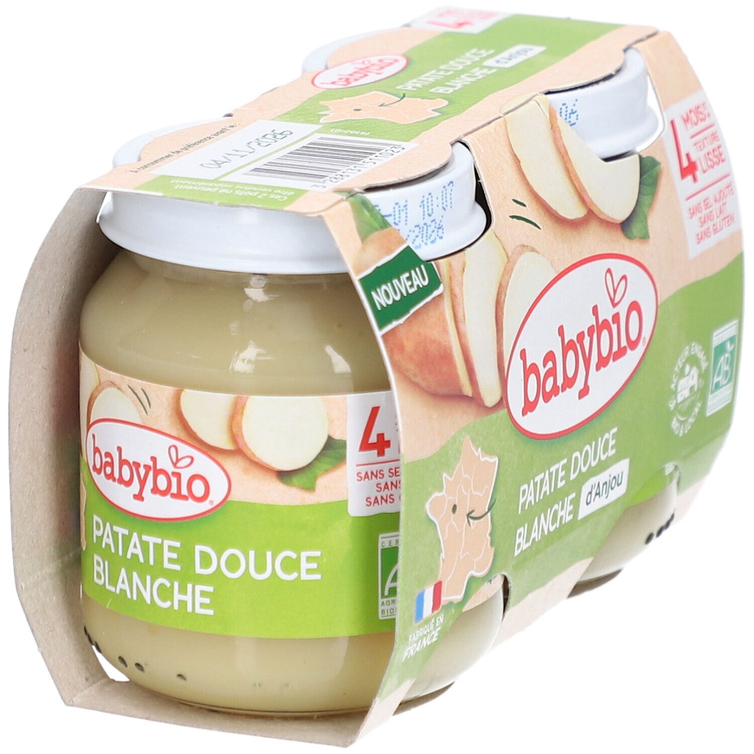 Babybio Patate Douce Blanche dans un pack de quatre pots. Labels bio et drapeau français.
