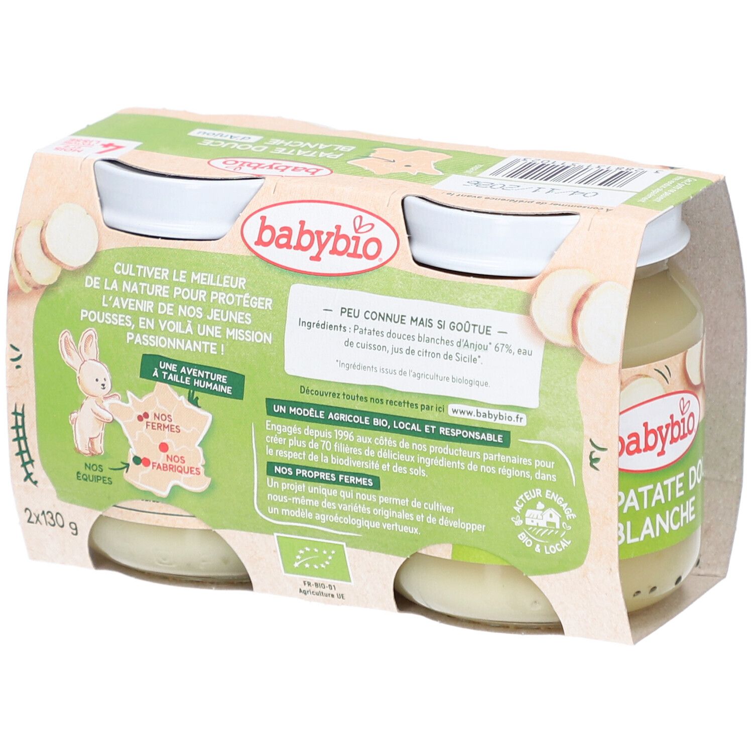 Dos du pack Babybio Patate Douce Blanche. Informations ingrédients et labels bio.