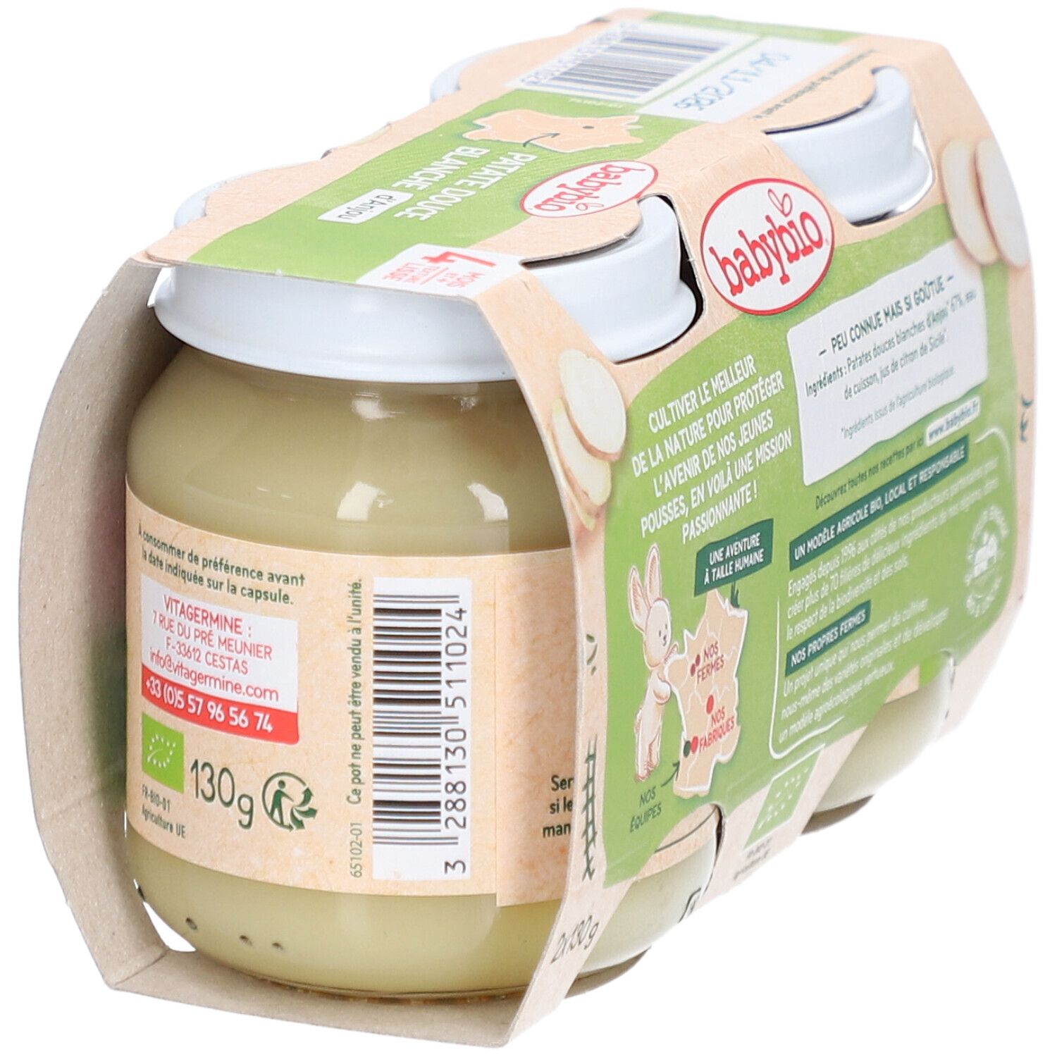 Dos du pack Babybio Patate Douce Blanche. Labels bio et ingrédients.