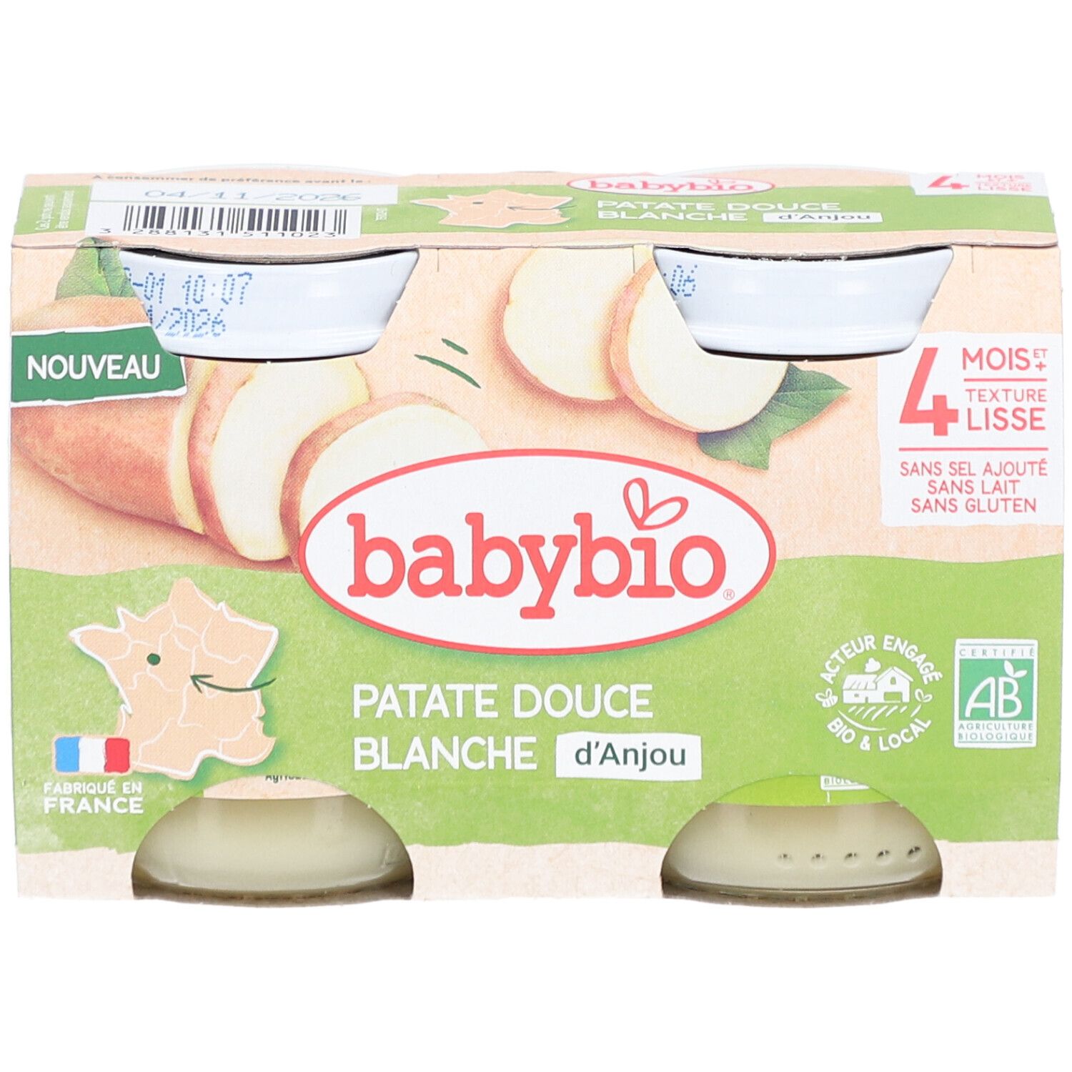 Pack de quatre pots Babybio Patate Douce Blanche. Labels bio et drapeau français.