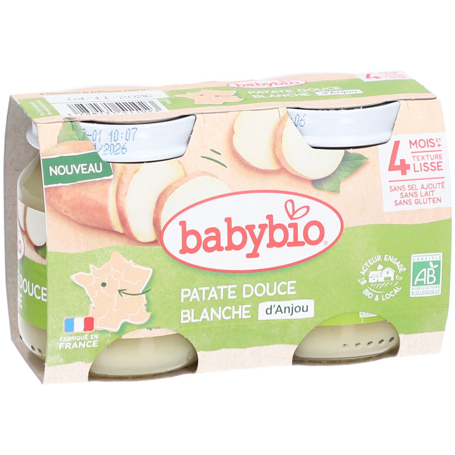 Pack de quatre pots Babybio Patate Douce Blanche. Labels bio et drapeau français.