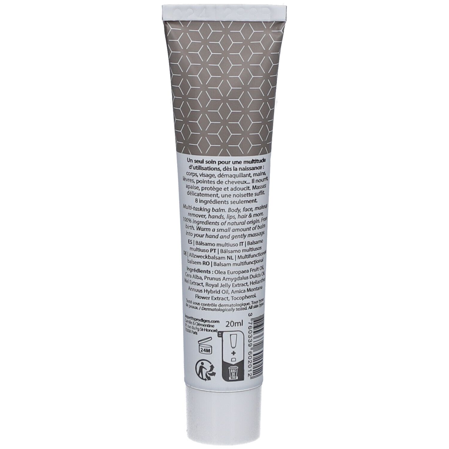 Dos du tube. Texte multilingue. Ingrédients et instructions. Contenance 20ml.