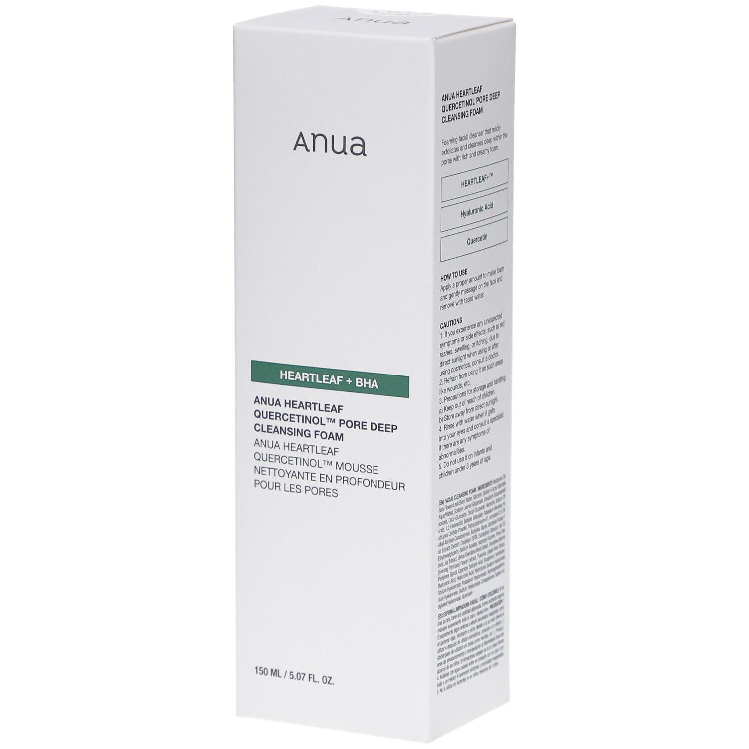 Weiße rechteckige Verpackung. Aufschrift: Anua, Heartleaf + BHA, Quercetinol Pore Deep Cleansing Foam. Grün-weiße Farbgebung.