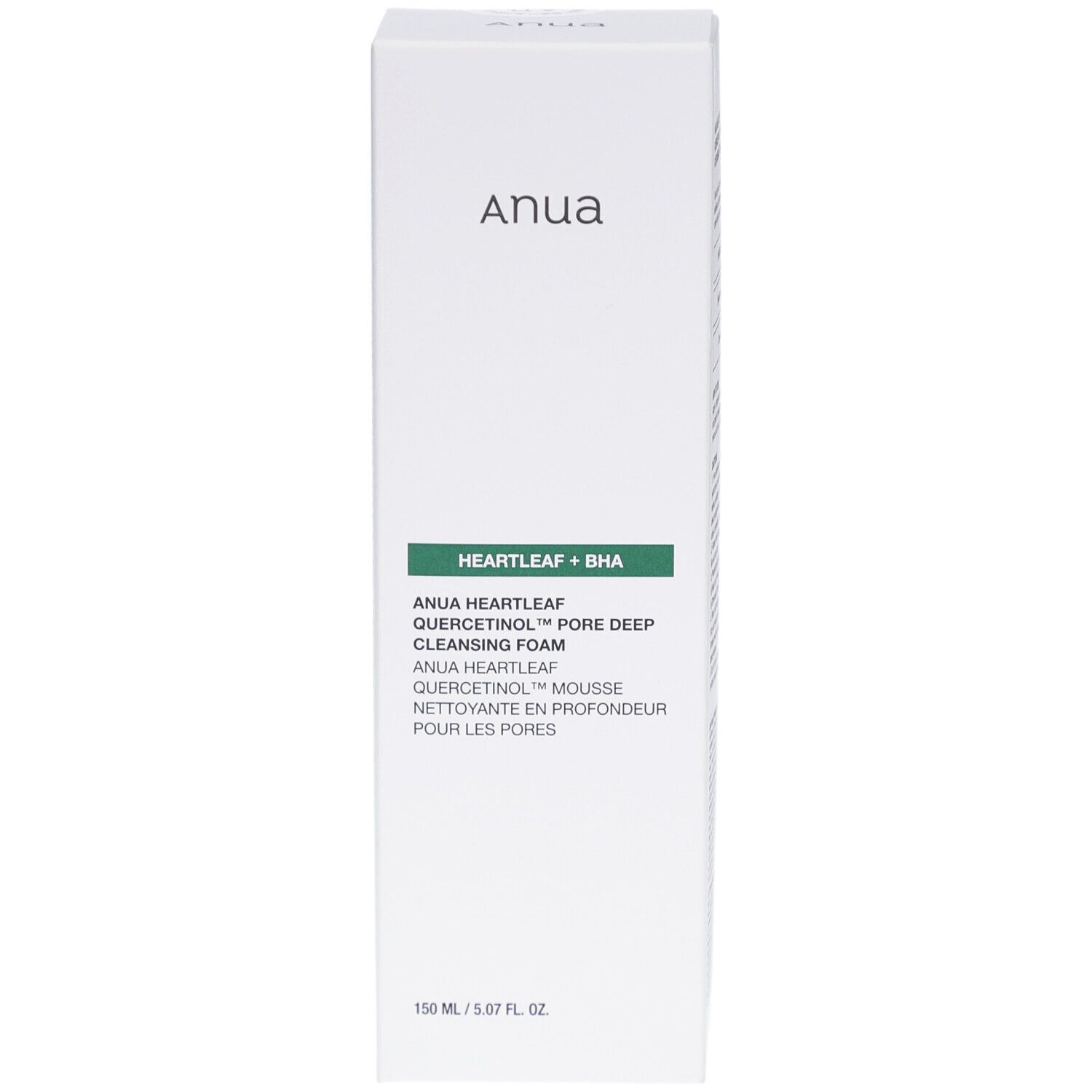 Weiße rechteckige Verpackung. Aufschrift: Anua, Heartleaf + BHA, Quercetinol Pore Deep Cleansing Foam. Grün-weiße Farbgebung.