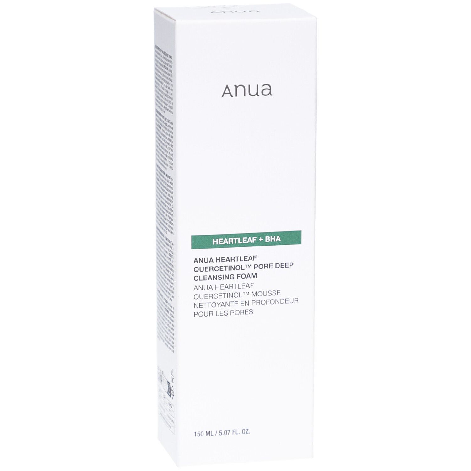 Grüne Tube mit weißem Deckel. Aufschrift: Anua, Heartleaf Quercetinol Pore Deep Cleansing Foam. Schaum.