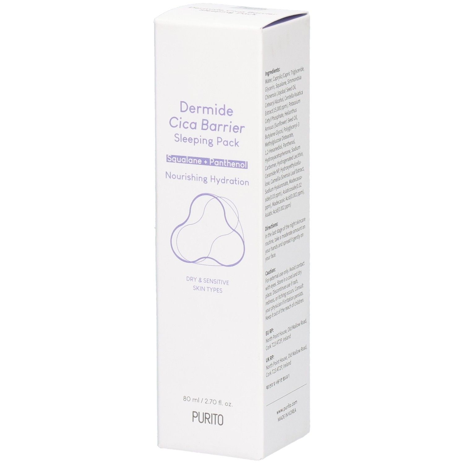 Purito Dermide Cica Barrier Sleeping Pack Umverpackung mit Produktinformationen und Markenschriftzug.