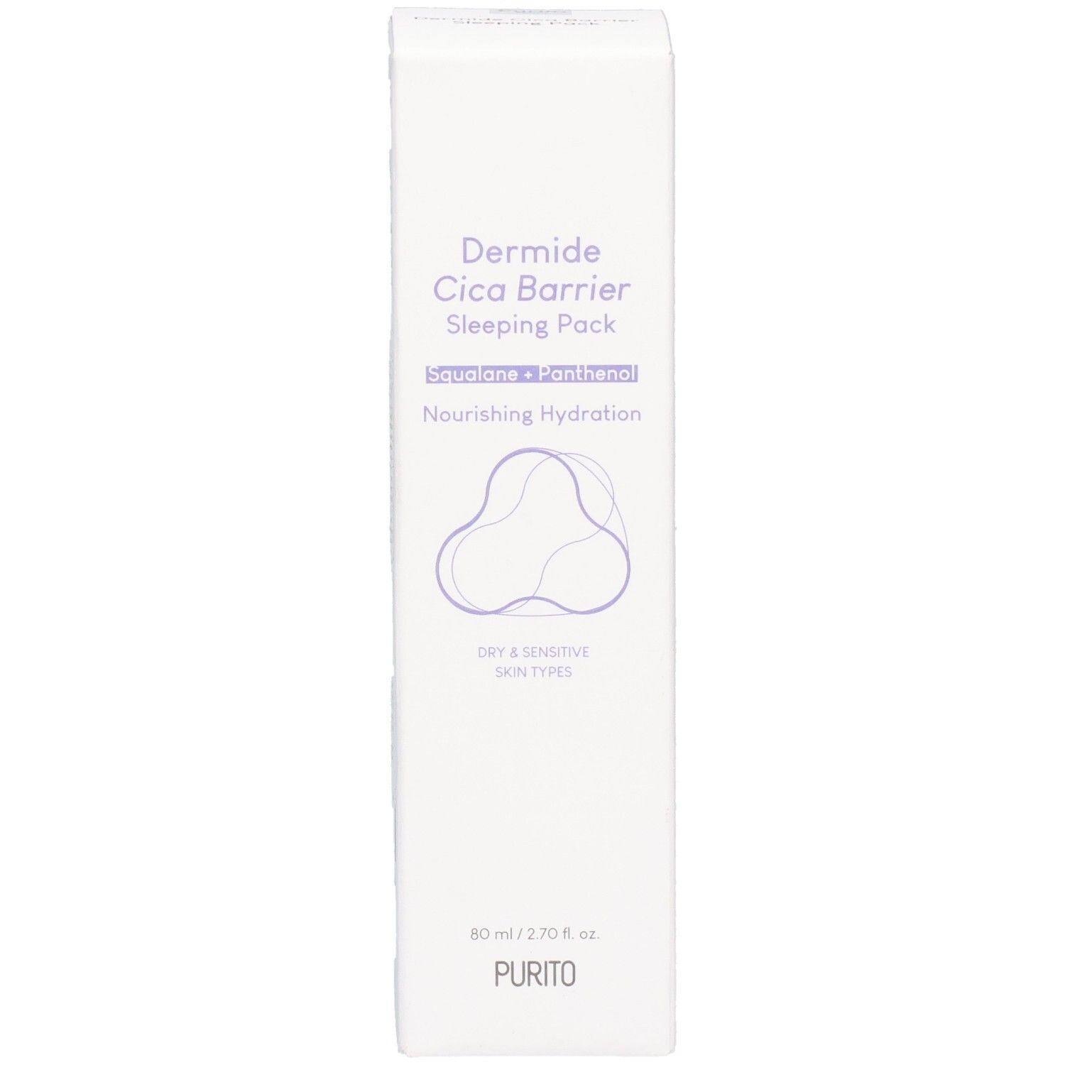 Purito Dermide Cica Barrier Sleeping Pack Umverpackung mit Produktnamen, Inhaltsstoffen und Markenschriftzug.