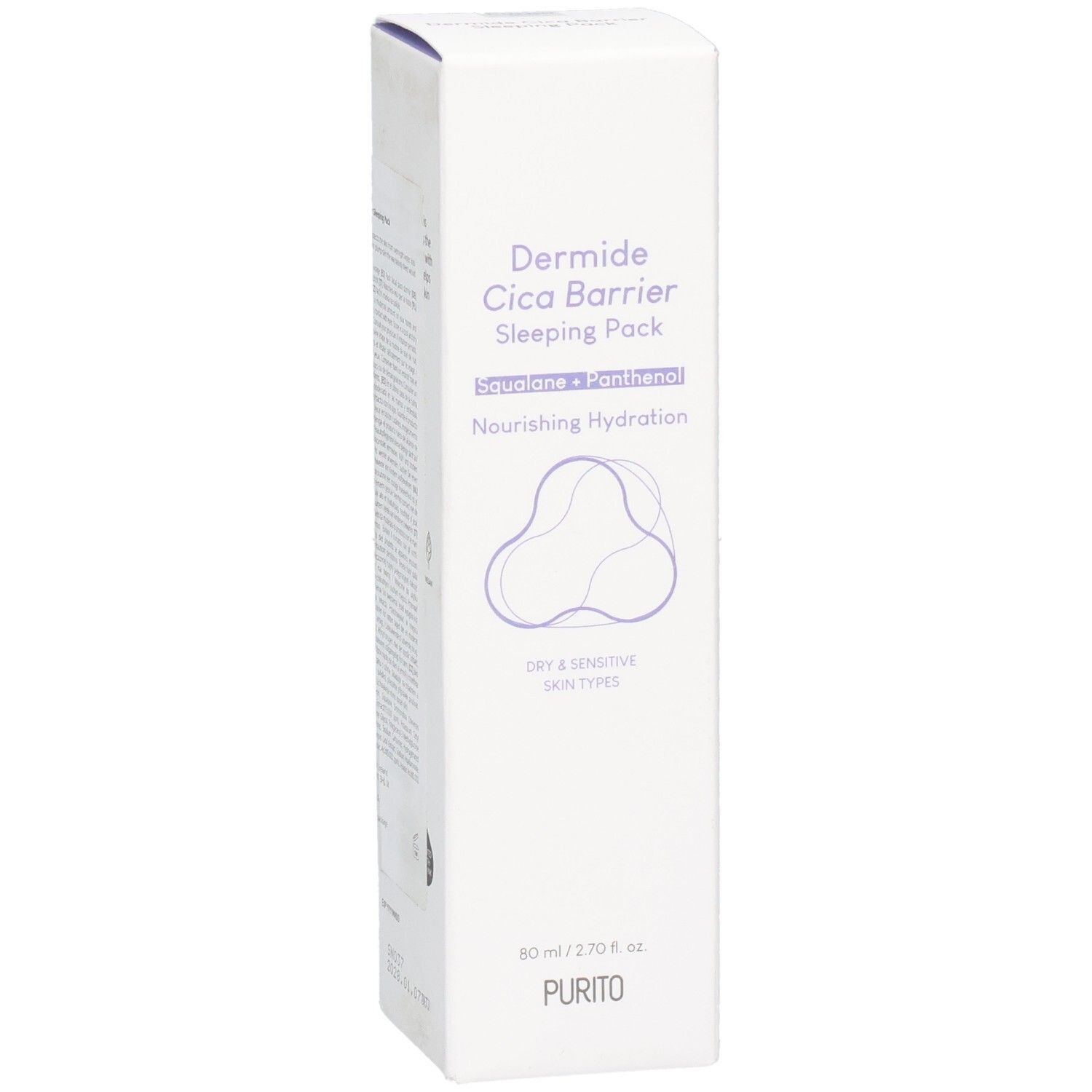 Purito Dermide Cica Barrier Sleeping Pack Umverpackung, Rückseite mit Inhaltsstoffen und Anwendungshinweisen.