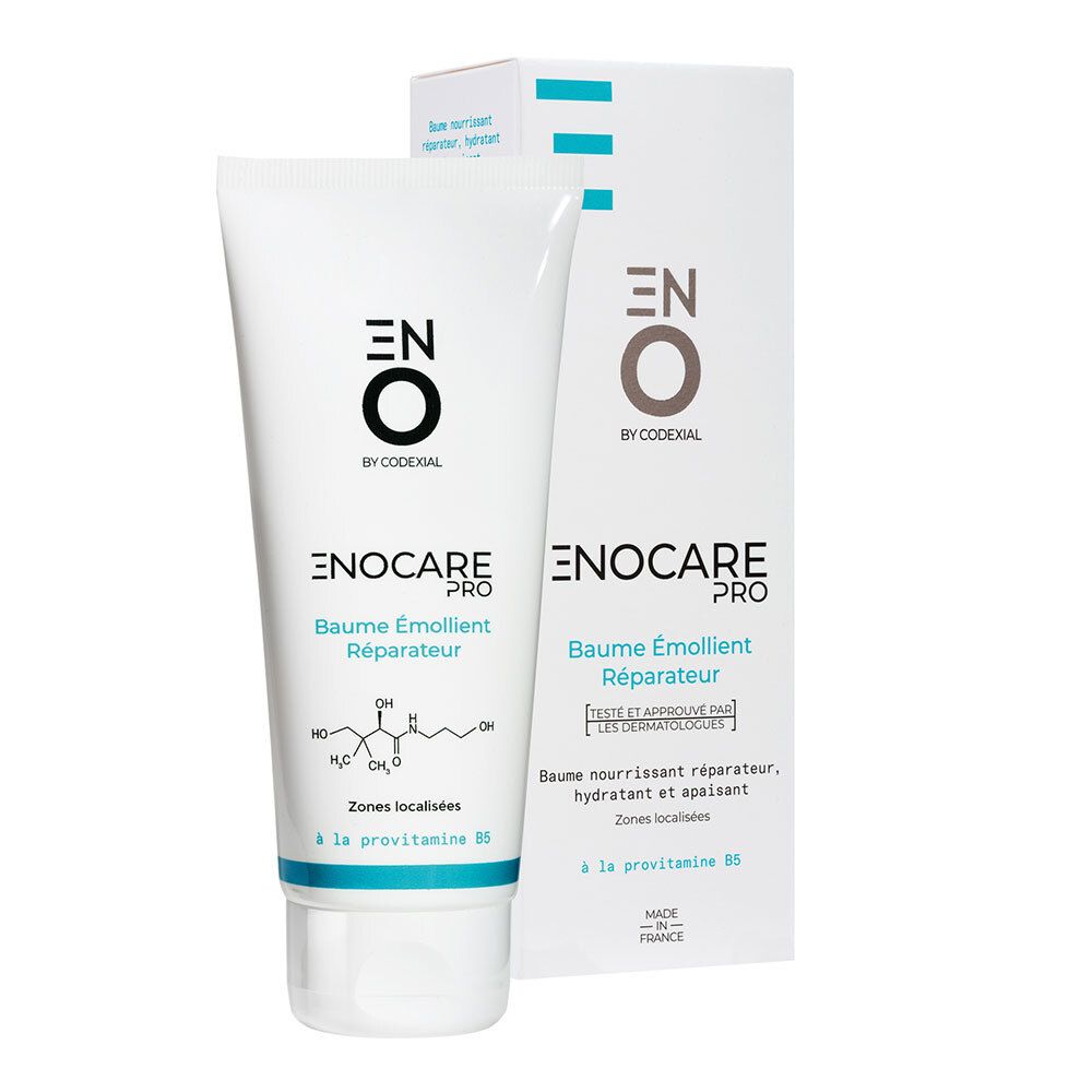 Tube et emballage de baume émollient. Blanc, bleu et marron. Texte : ENO, Enocare Pro, Baume Émollient Réparateur.