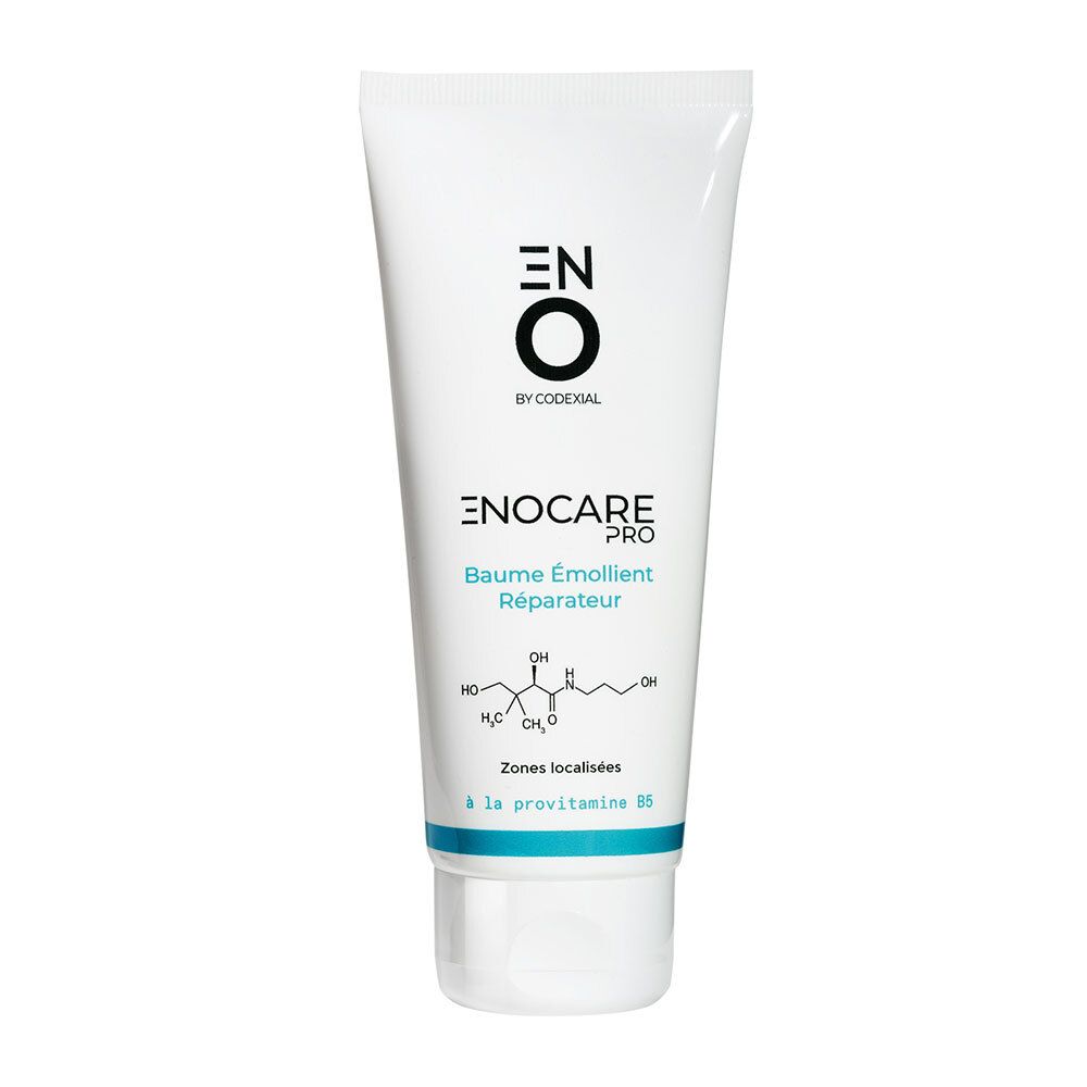 Tube blanc. Texte : ENO, Enocare Pro, Baume Émollient Réparateur. Avec formule chimique et accent bleu.