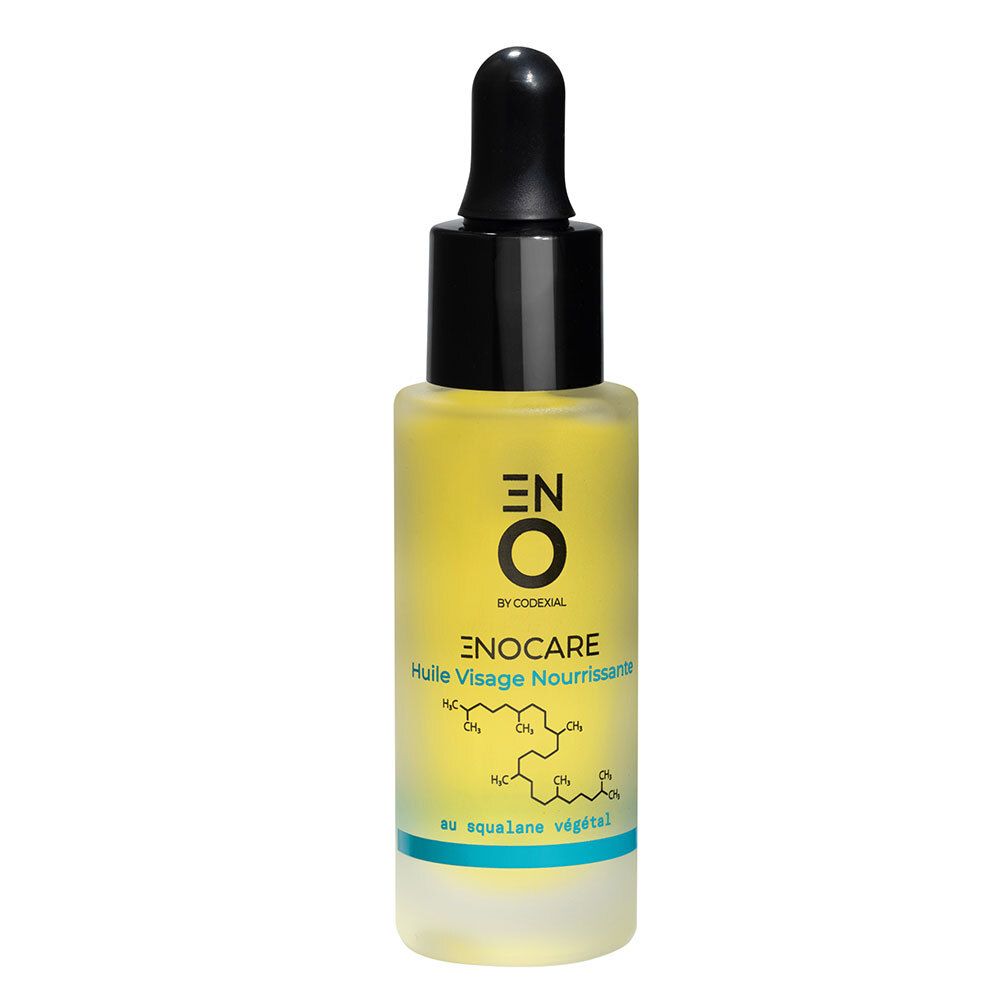 Flacon d'huile visage avec bouchon noir et pipette. Inscription: ENO Enocare, Huile Visage Nourrissante.