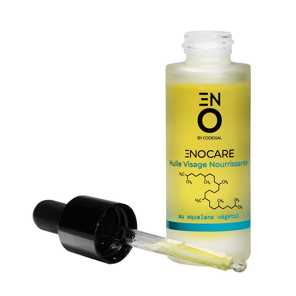 Flacon d'huile visage avec bouchon noir et pipette. Pipette à côté. Inscription: ENO Enocare.