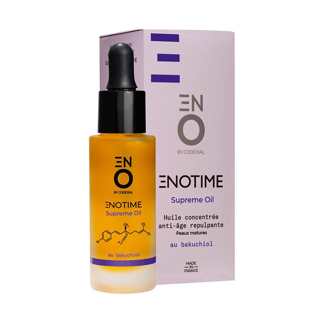 Codexial Enotime Supreme olie fles met verpakking. Gele olie, zwarte pipet. Opschrift: Enotime Supreme Oil.