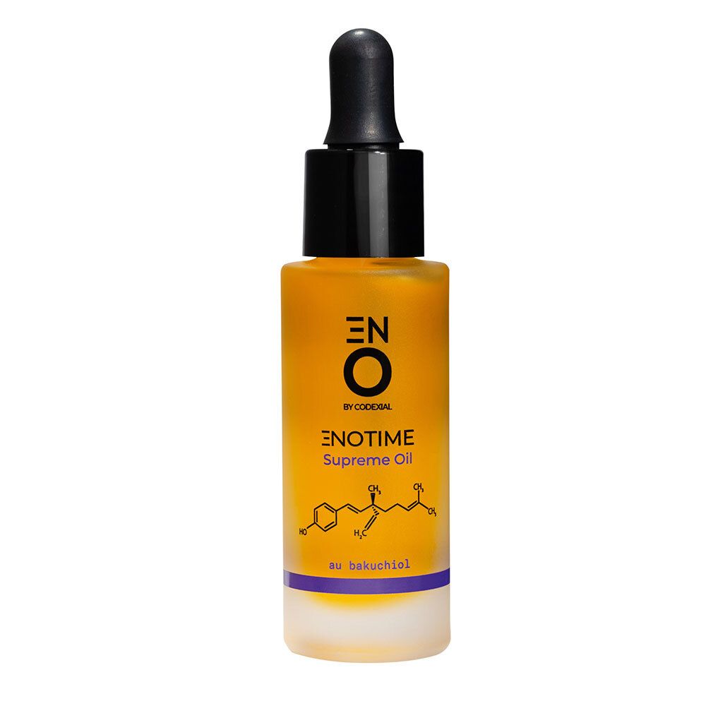 Codexial Enotime Supreme oliefles. Gele olie, zwarte pipet. Opschrift: Enotime Supreme Oil, au bakuchiol.