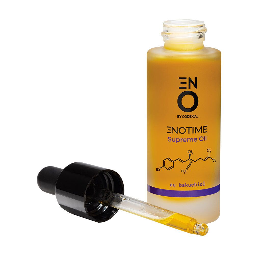 Codexial Enotime Supreme oliefles met pipet. Gele olie. Opschrift: Enotime Supreme Oil, au bakuchiol. Pipet ernaast.