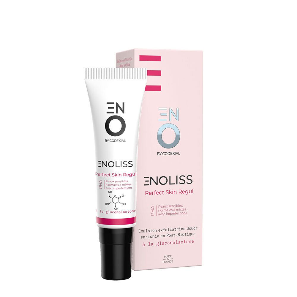 Witte tube en roze verpakking. Opschrift: ENO, ENOLISS Perfect Skin Regul. Met PHA en gluconolacton.