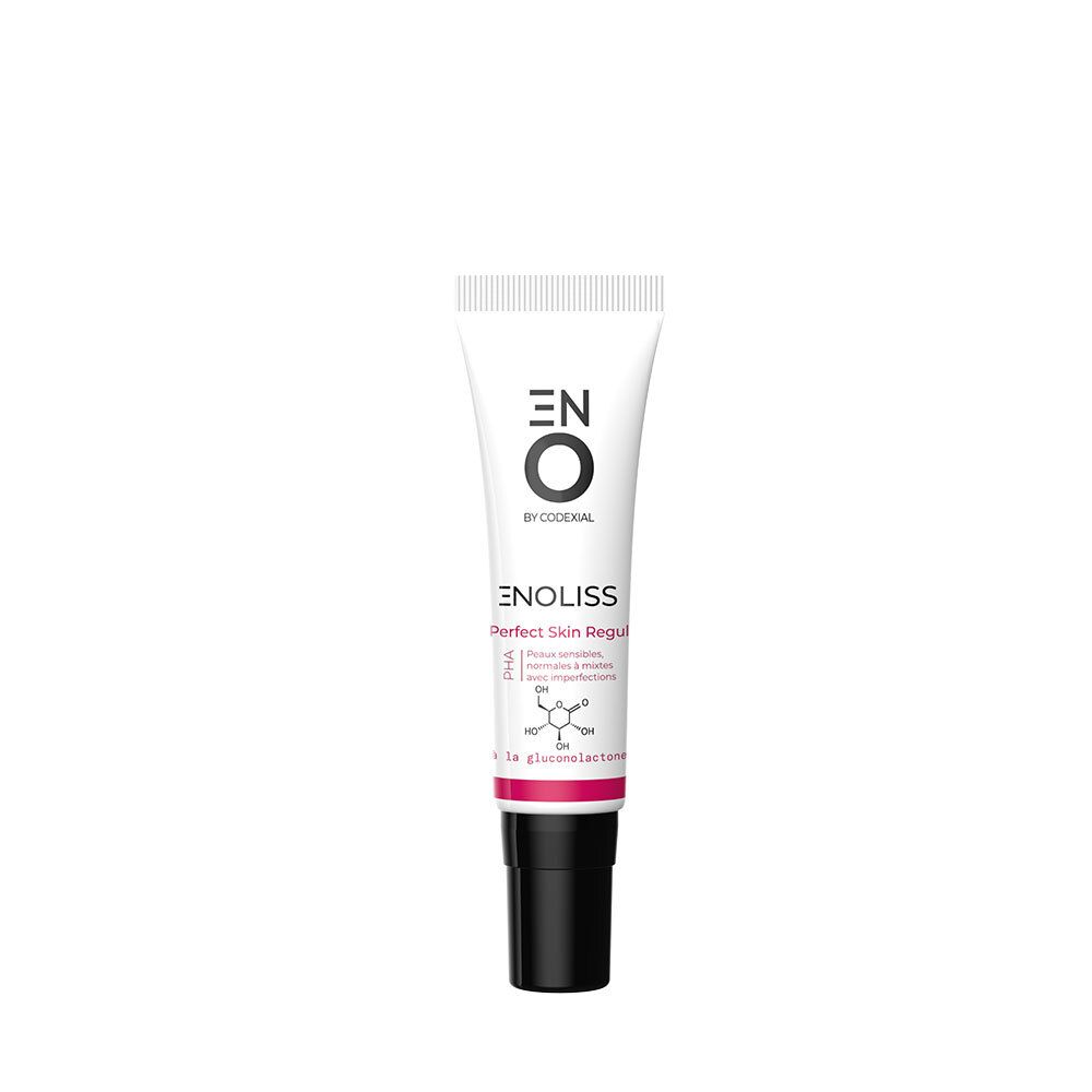 Witte tube met zwarte dop. Opschrift: ENO, ENOLISS Perfect Skin Regul. Met PHA en gluconolacton.
