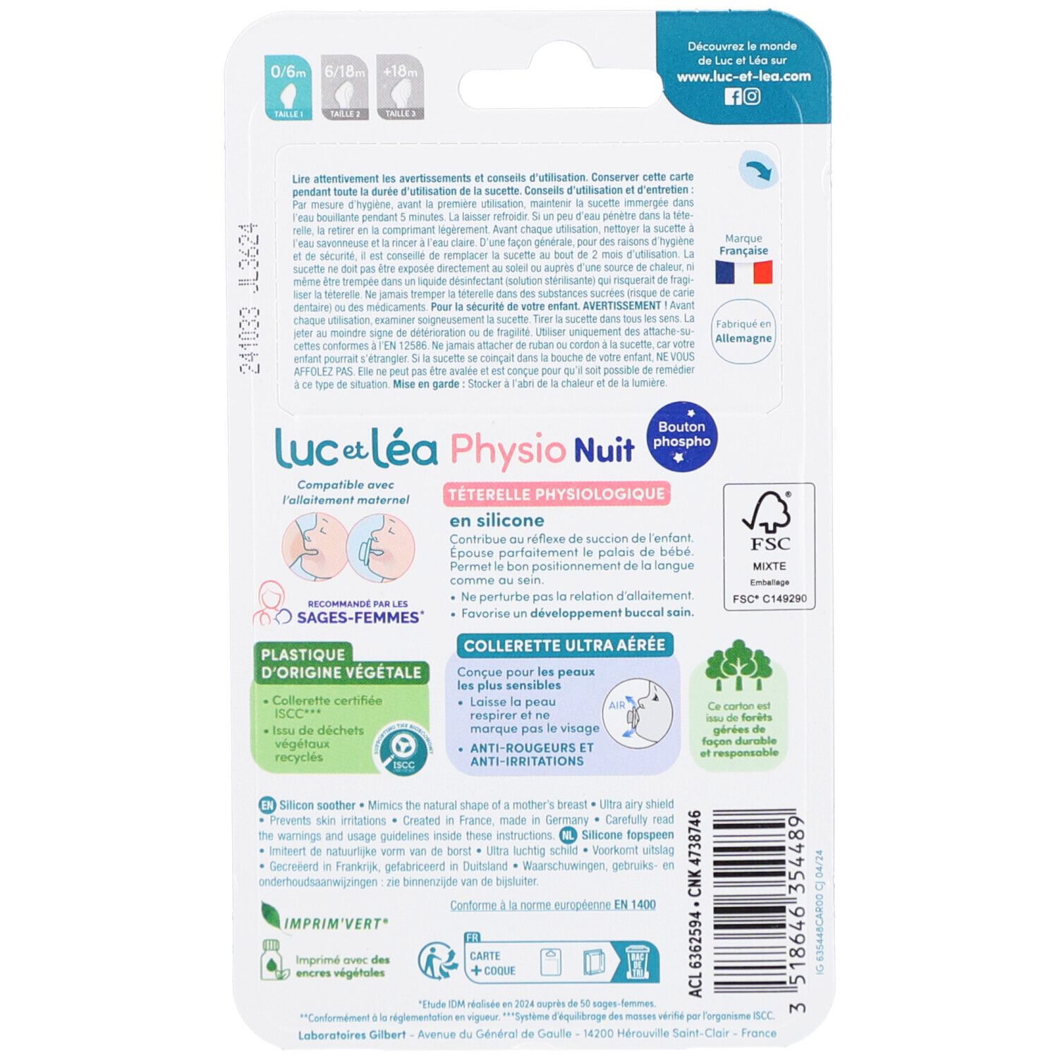 Dos de l'emballage avec informations produit. Tétine physiologique, 0-6 mois. Fabriqué en France.