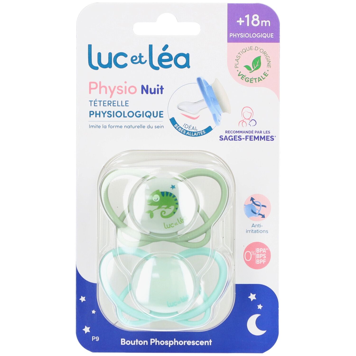 Emballage de sucette. Sucette verte et transparente avec anneau vert et décor animal. Emballage plastique avec informations produit.