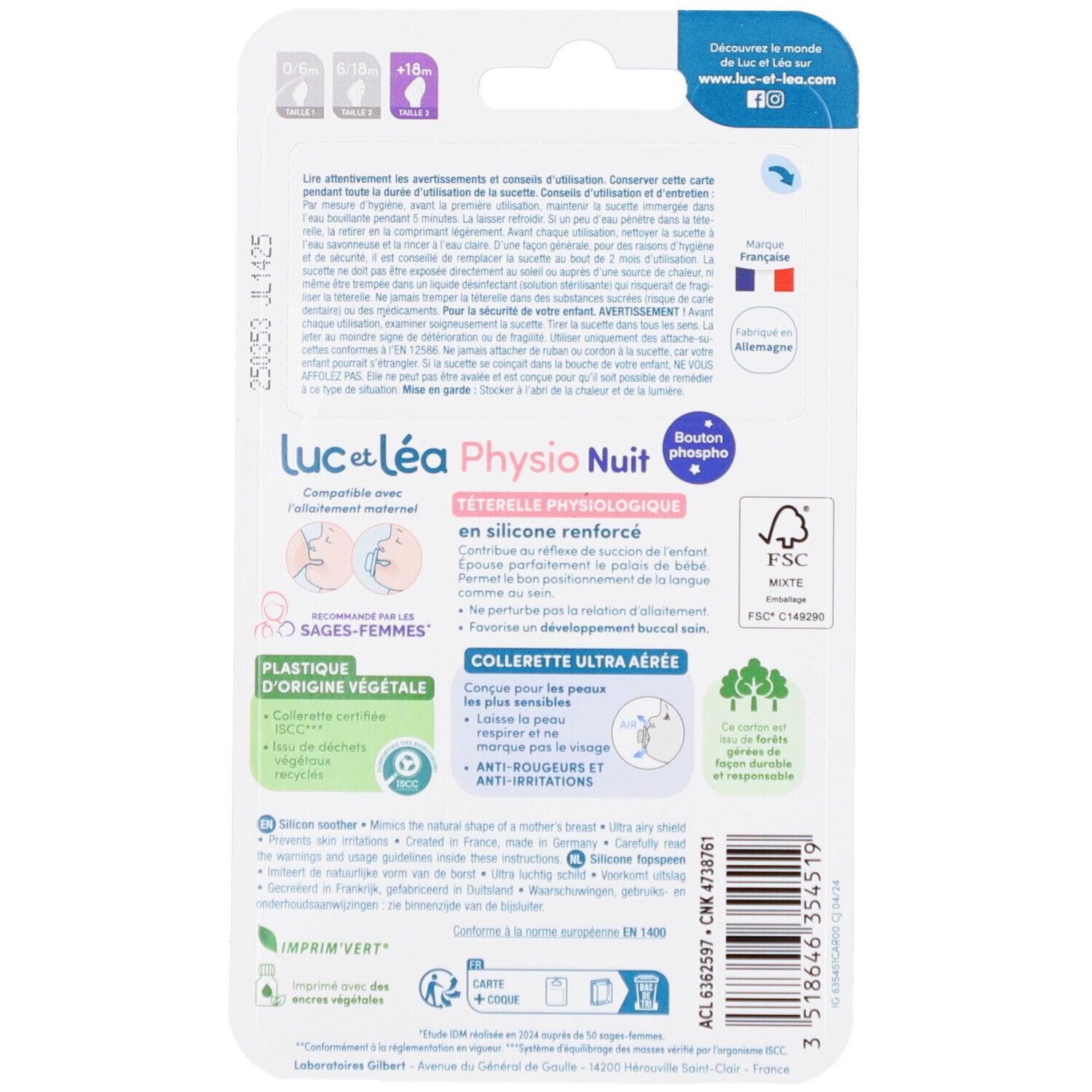 Dos de l'emballage de la sucette. Informations textuelles, logos et certifications. Logo FSC, Plastique d'origine végétale.