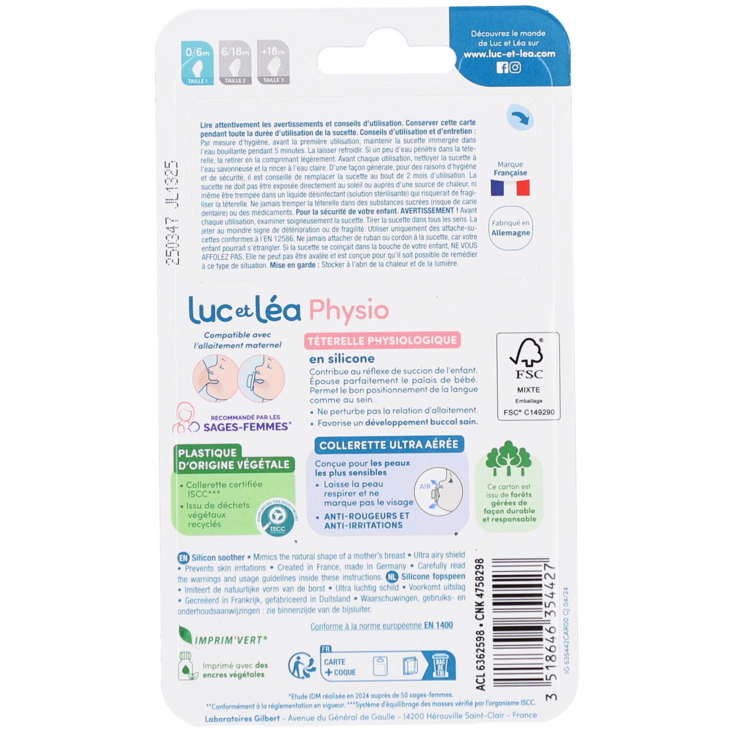 Dos de l'emballage avec texte et logos. Texte: "Luc et Léa Physio", "Plastique d'origine végétale", logo FSC.