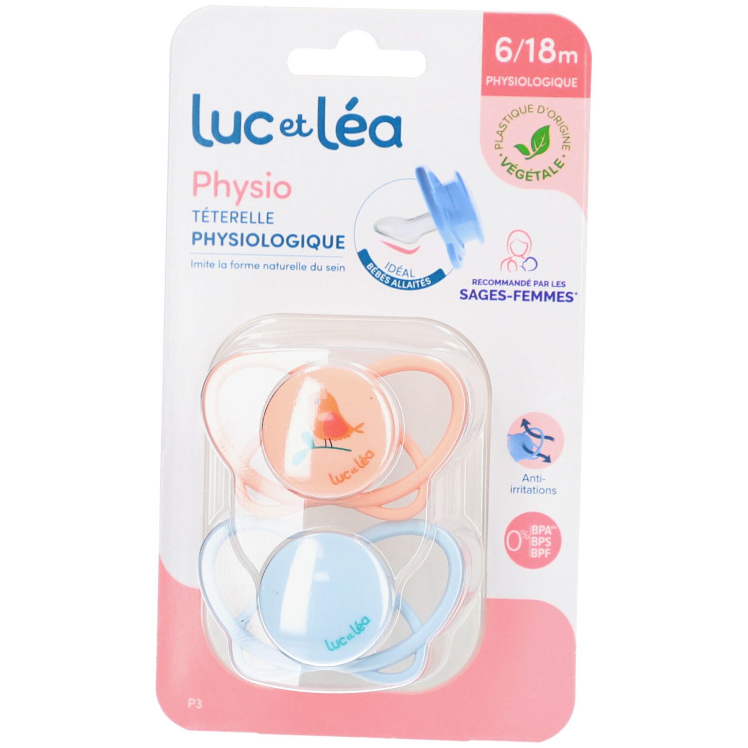 Deux sucettes Physio Luc et Léa 6/18m dans un emballage. Tétines roses et bleues, boucliers transparents. Plastique d'origine végétale.