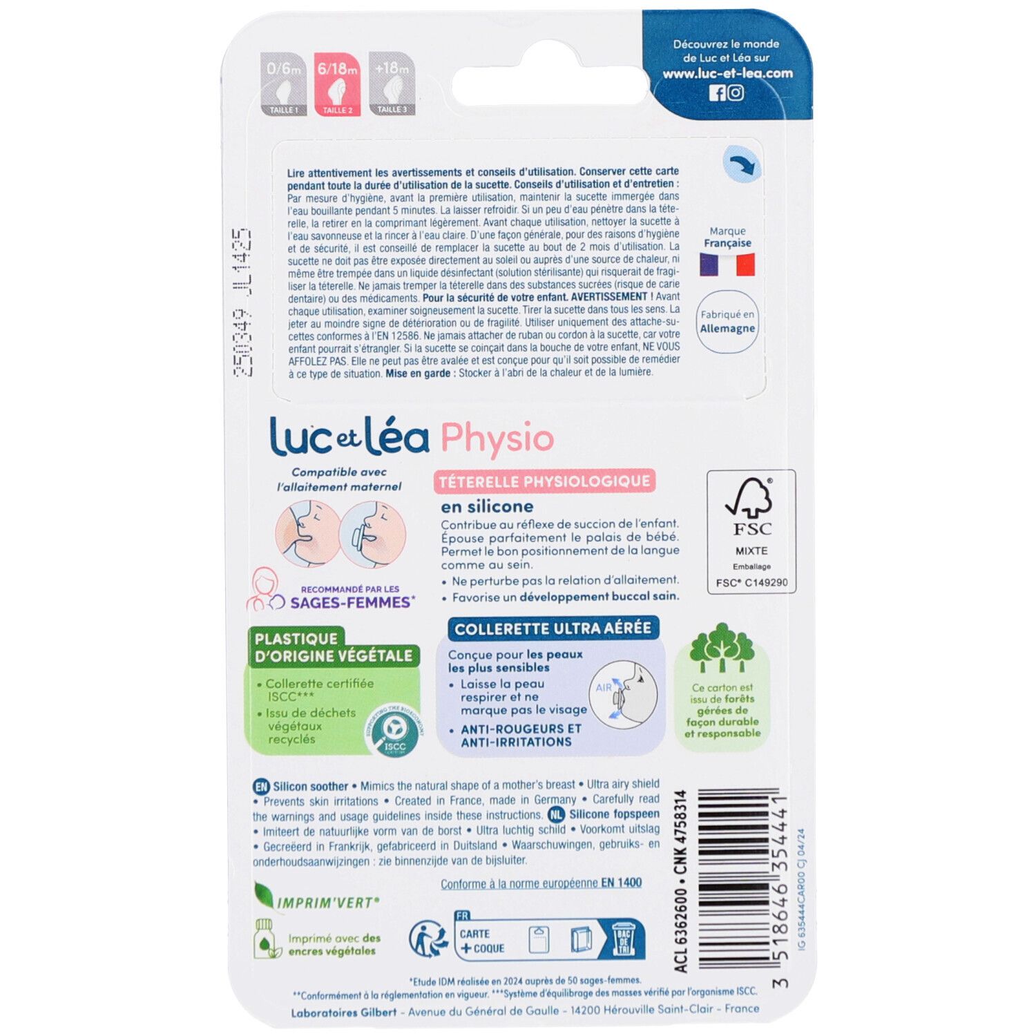Dos de l'emballage. Texte: Luc et Léa Physio, 6/18m. Compatible allaitement. En silicone. Certifications: FSC, Plastique d'origine végétale.