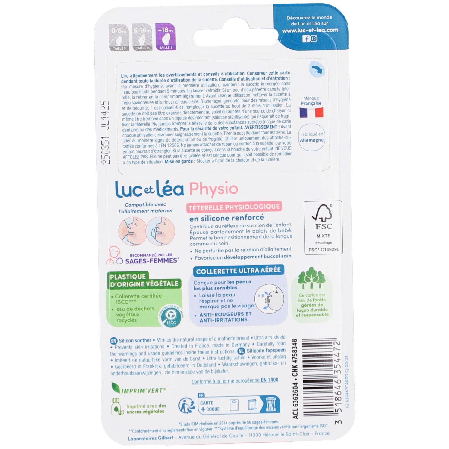Dos de l'emballage. Texte et logos, dont 'Luc et Léa Physio'. Certification FSC.