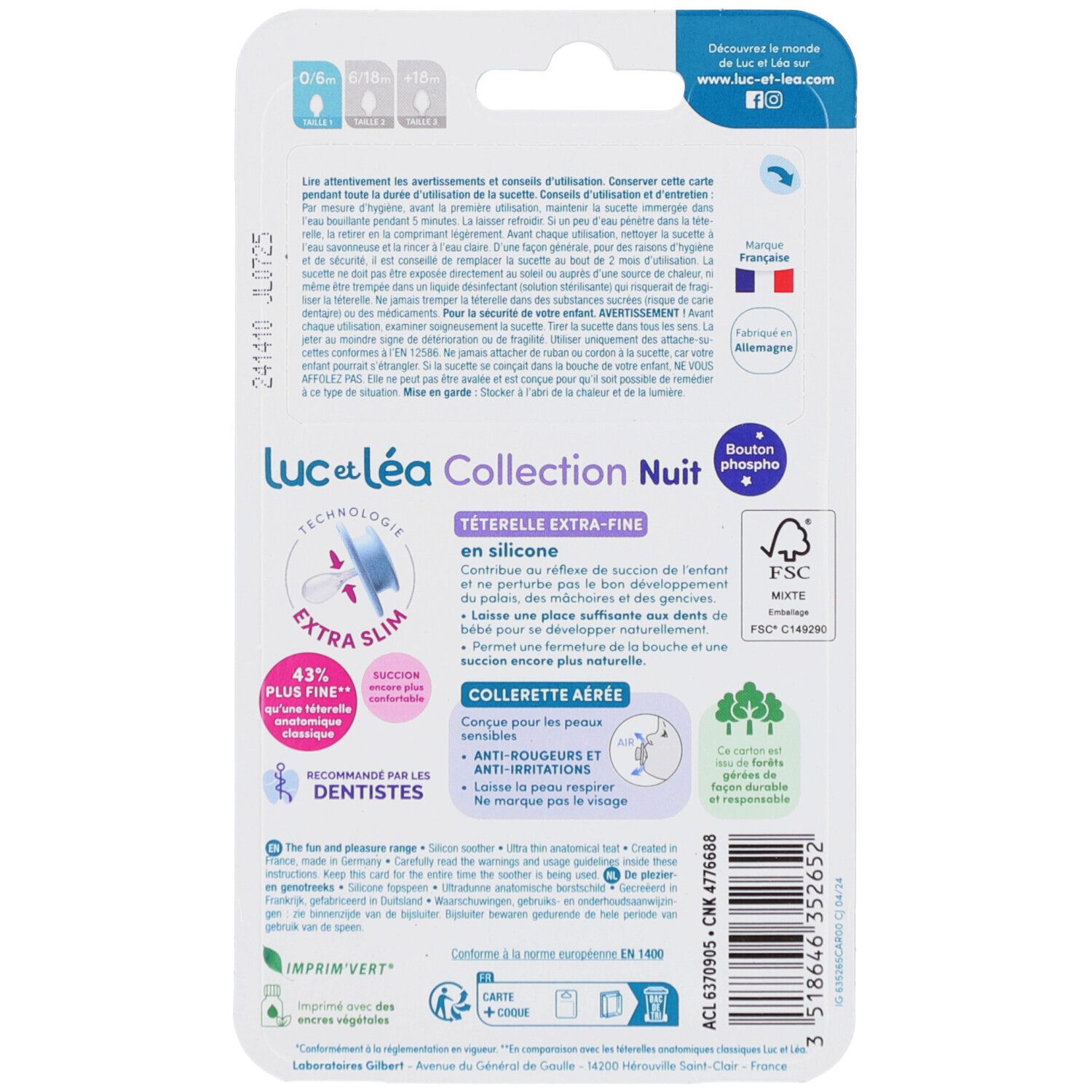 Dos de l'emballage avec informations produit. Texte en français. Forme anatomique, extra fine.