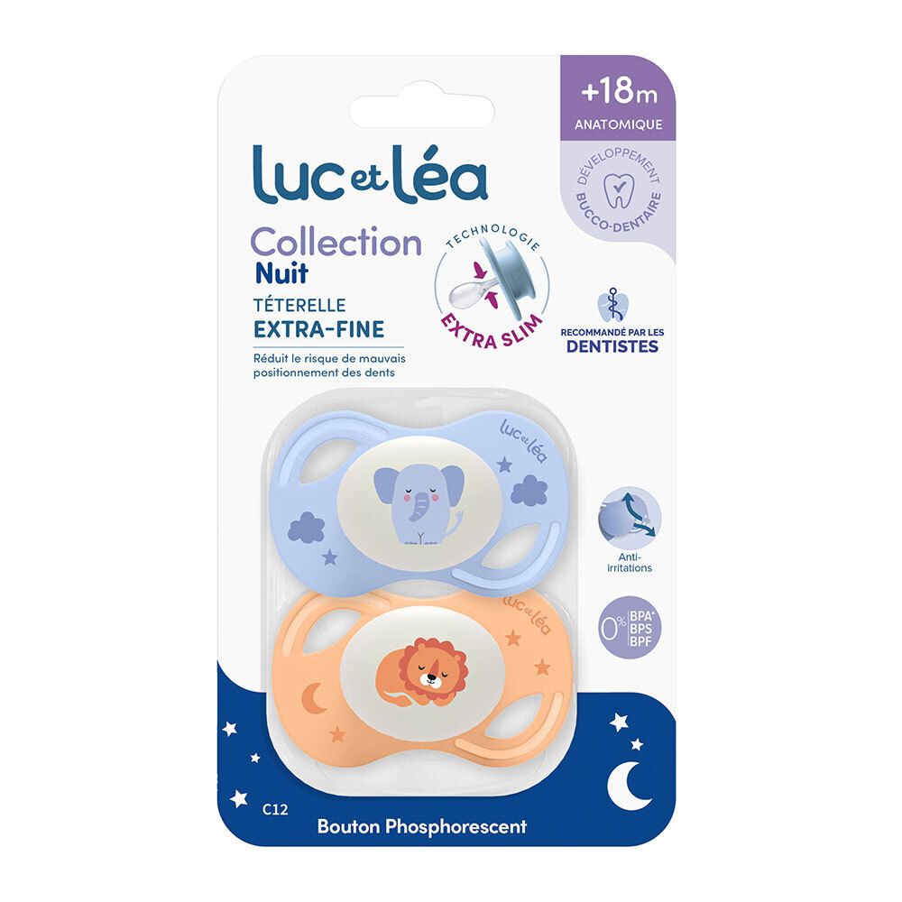 LUC ET LEA Duo de sucettes nuit anatomiques extra-fines – Lion et Elephant