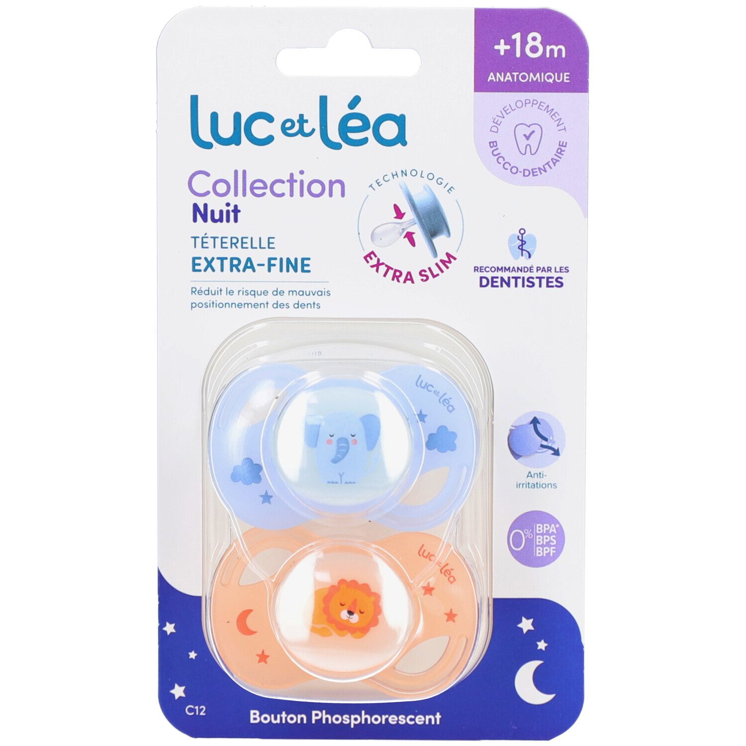 Deux sucettes dans un emballage blister. Bleu avec éléphant, orange avec lion. Anatomique, extra-fine, +18 mois.
