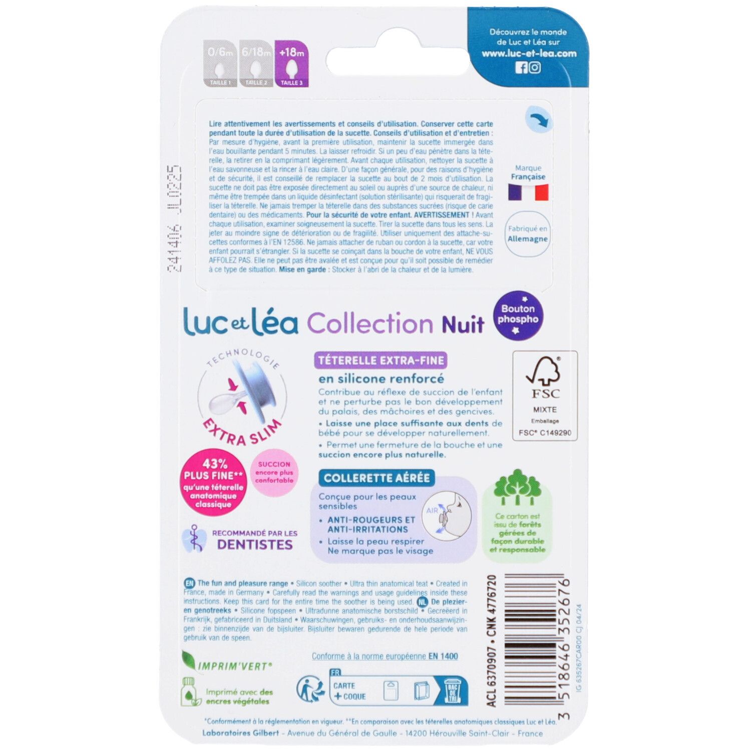 Dos de l'emballage avec informations produit. Texte, logos, certifications. Sucettes anatomiques extra-fines.