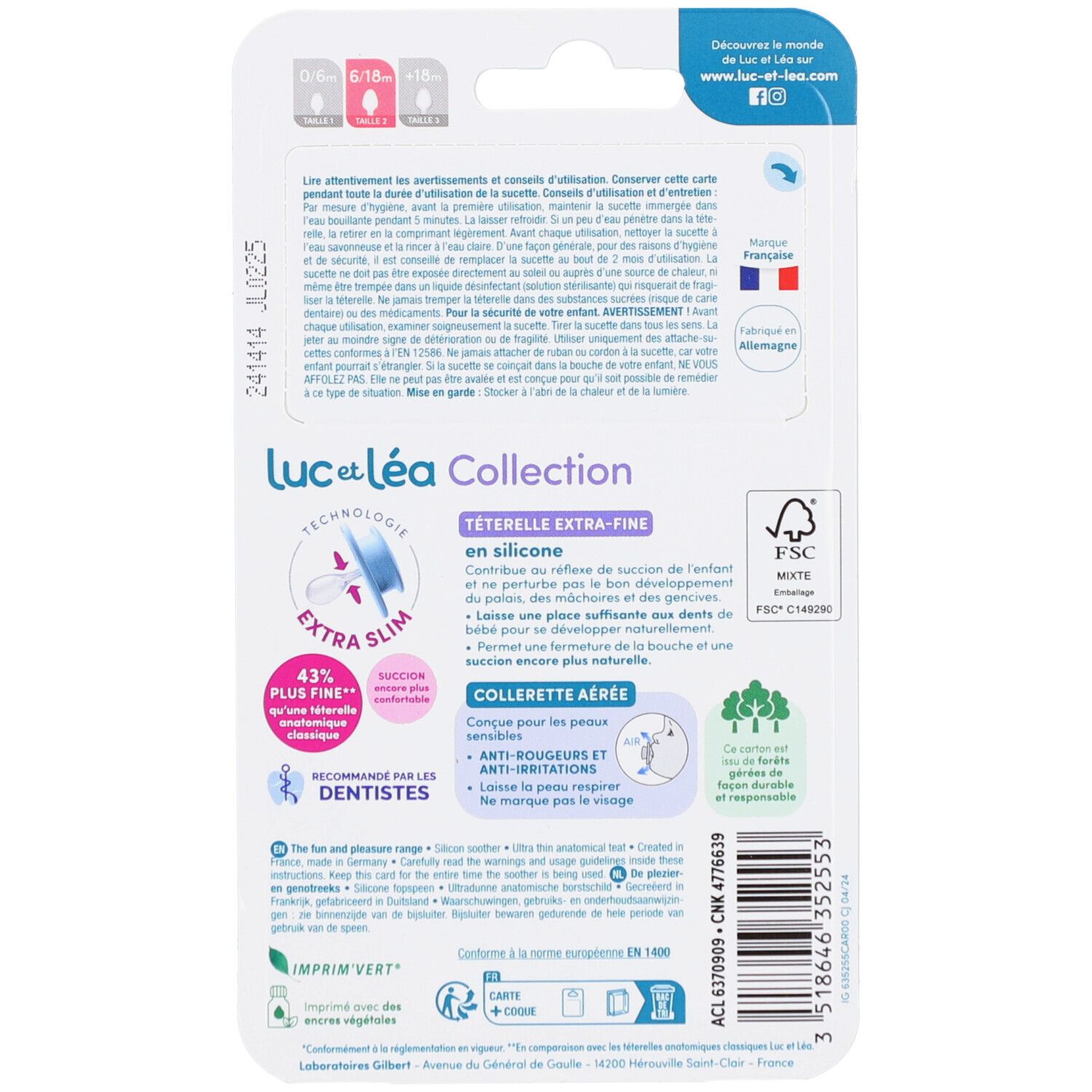 Dos de l'emballage avec informations produit. Texte en français. Certification FSC et autres logos.