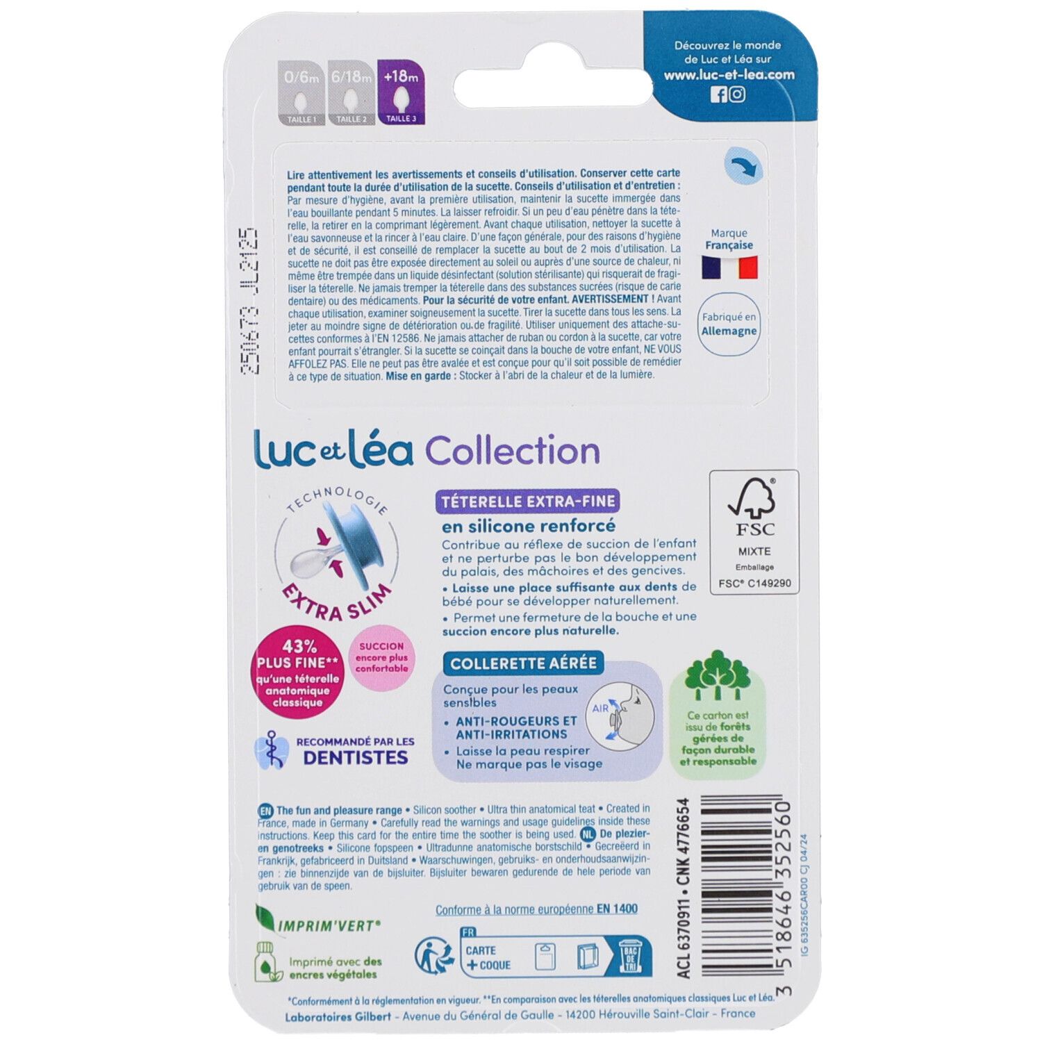 Dos de l'emballage blister avec texte et logos. Texte: Luc et Léa Collection, Tétterelle Extra-Fine. Logo FSC.